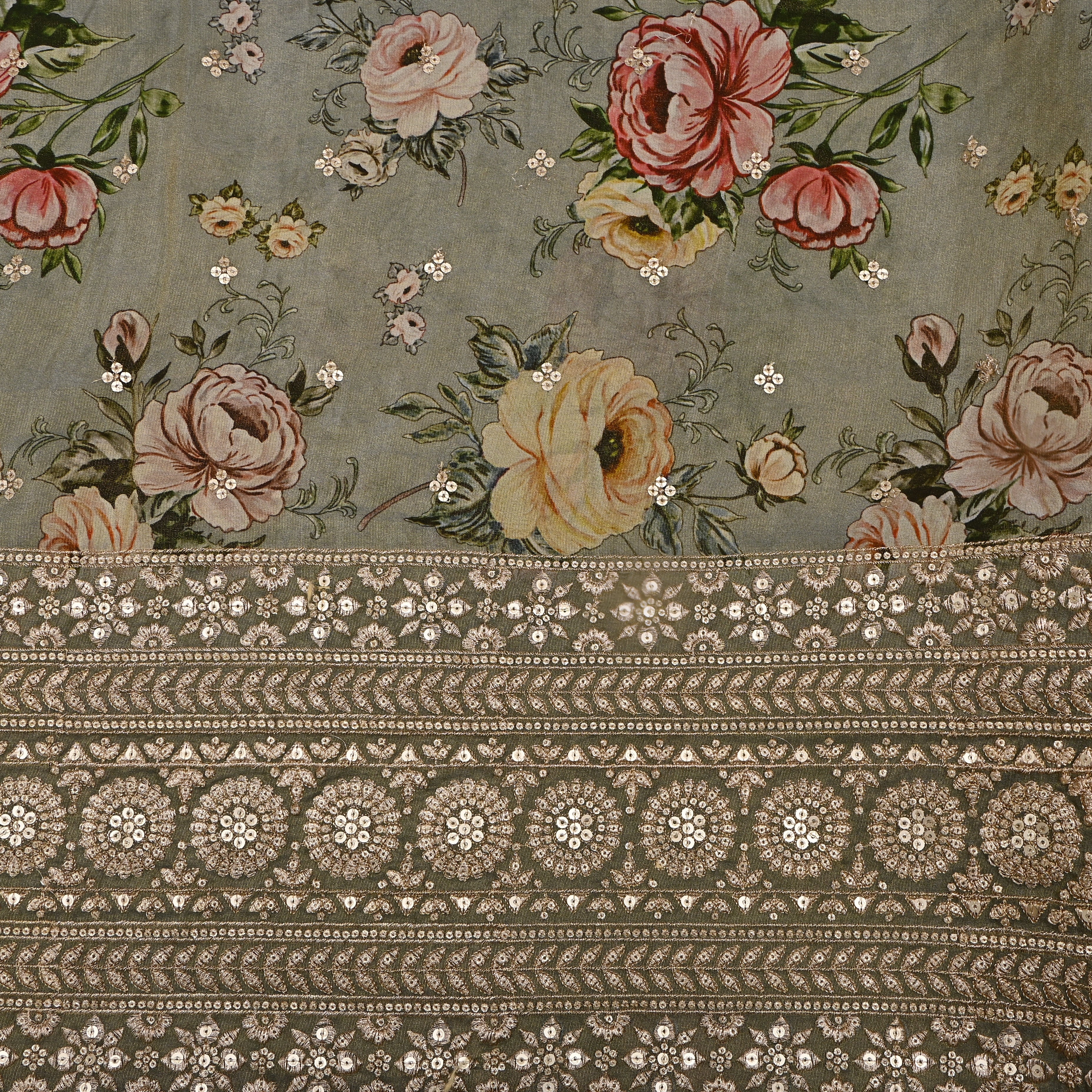 Dark Gray Floral Print Sequin Border Tissue Fabric