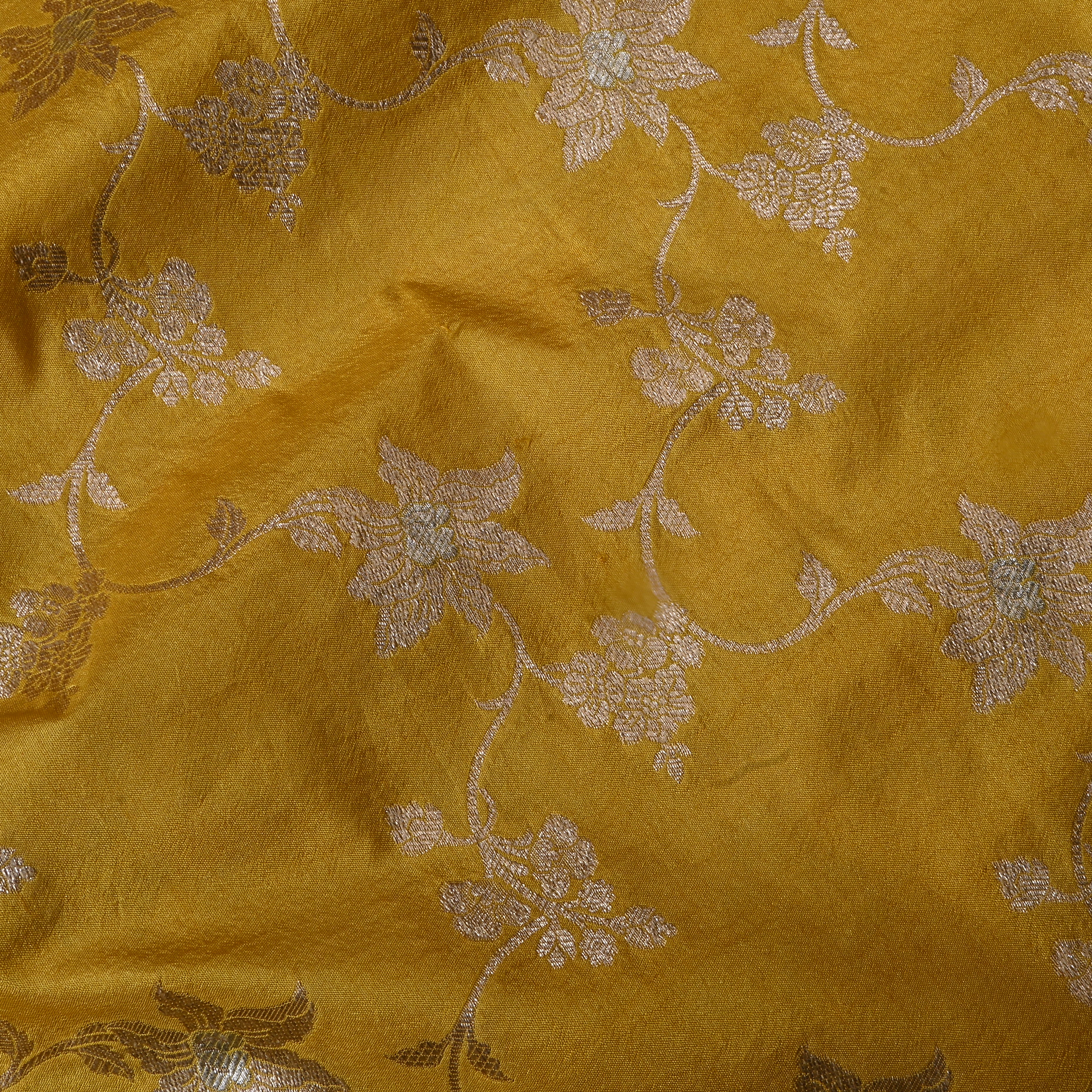 Rich Yellow Floral Jamawar Silk Fabric