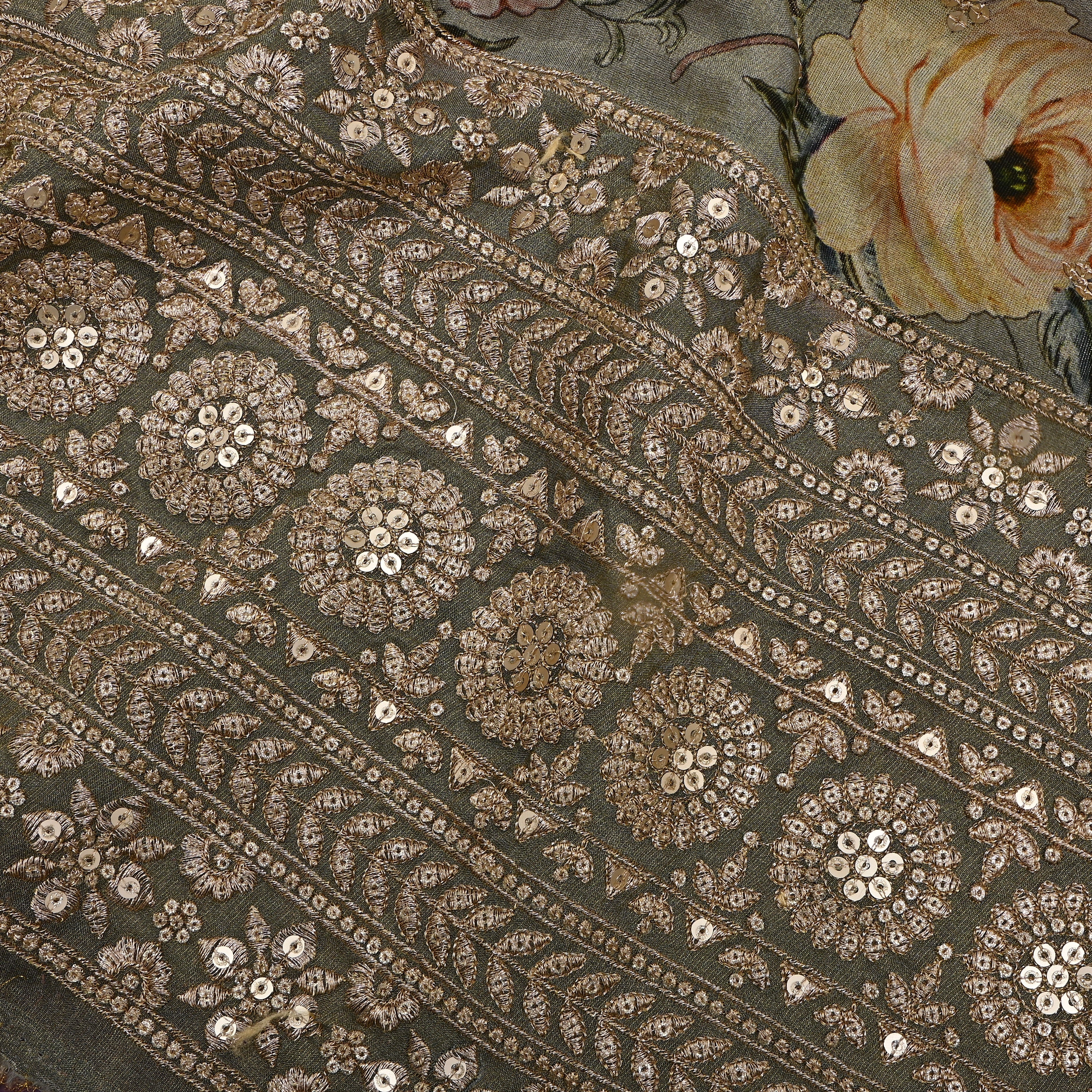 Dark Gray Floral Print Sequin Border Tissue Fabric
