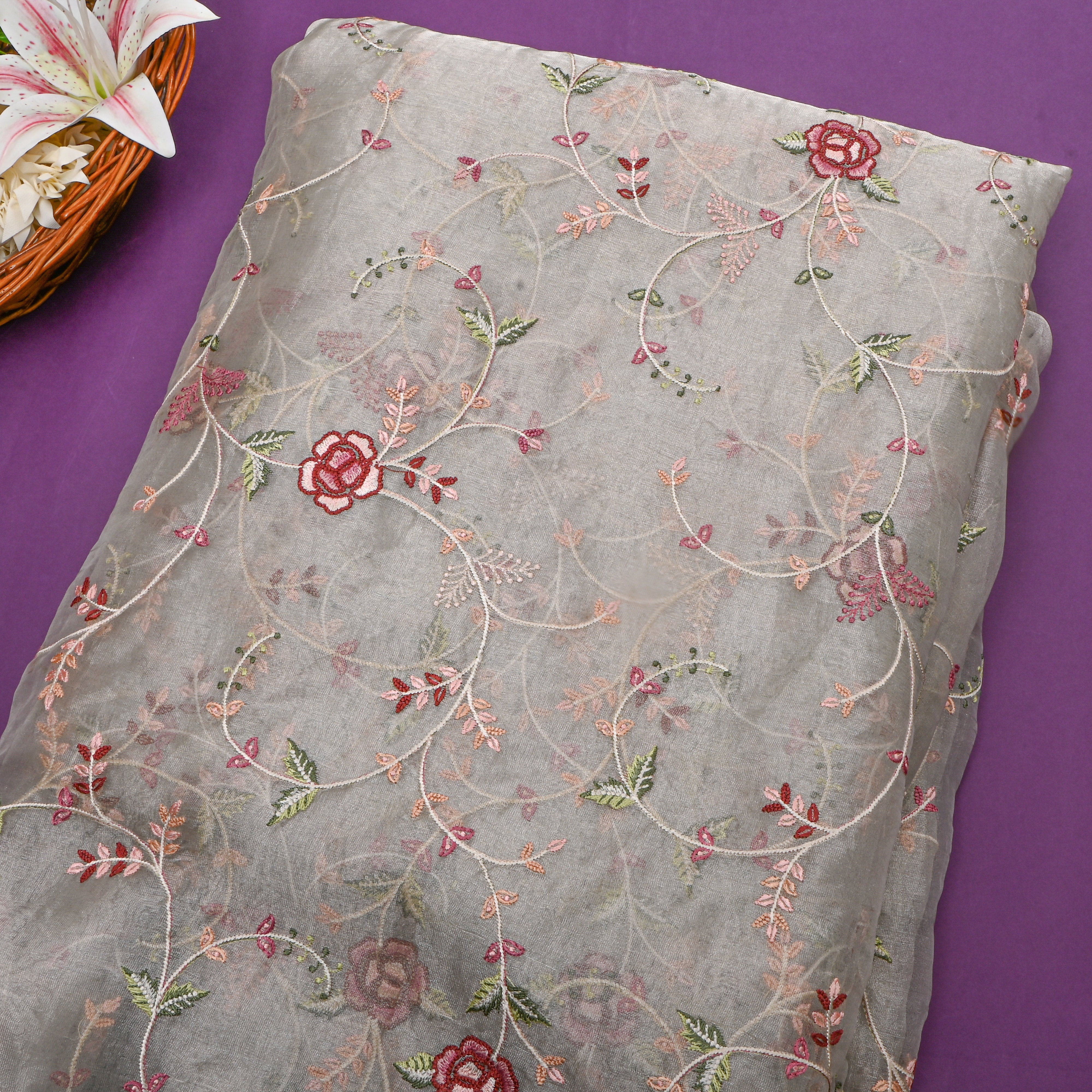 Bright Yellow Tissue Fabric With Floral Jaal Thread Work