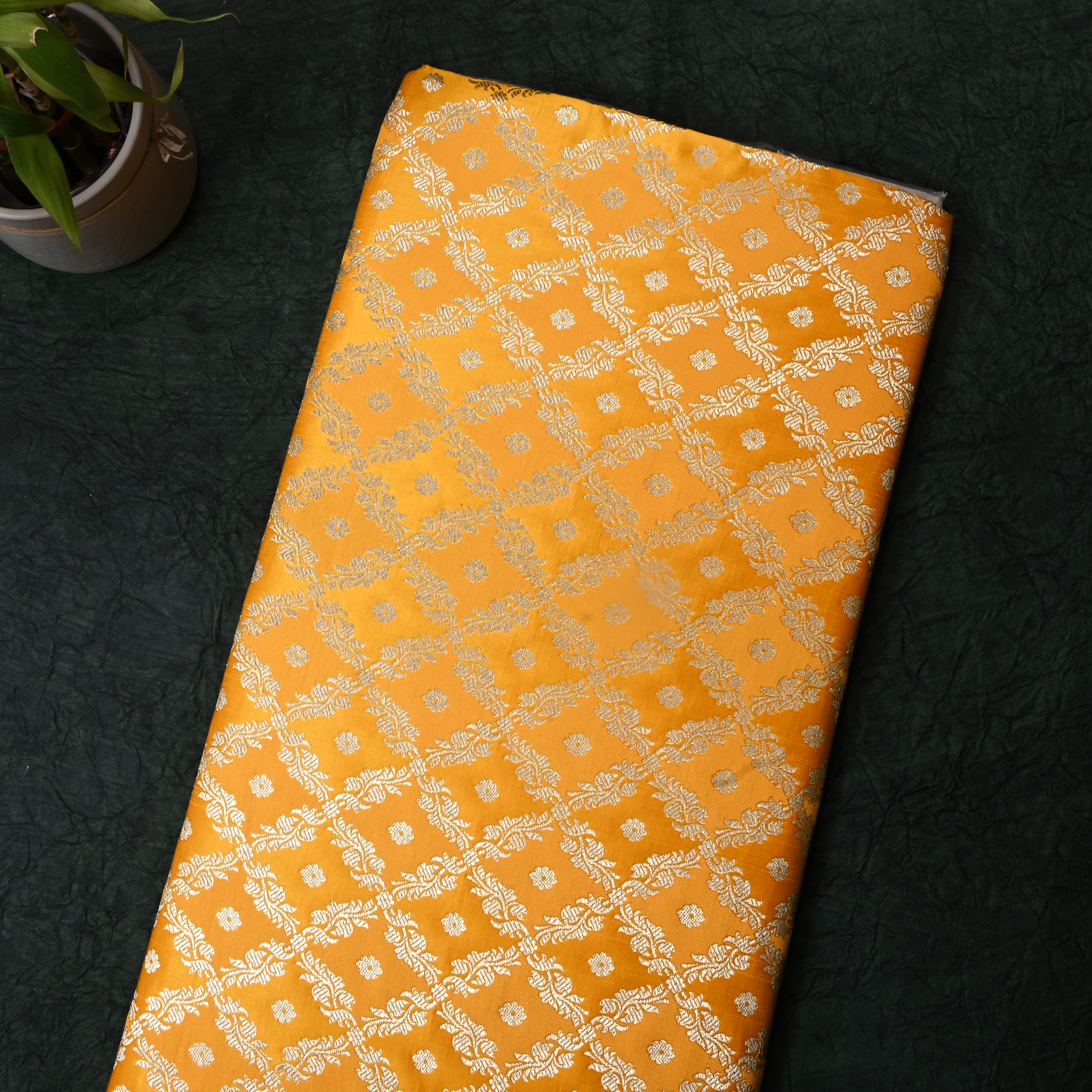 Bright Yellow Floral Jamawar Satin Fabric