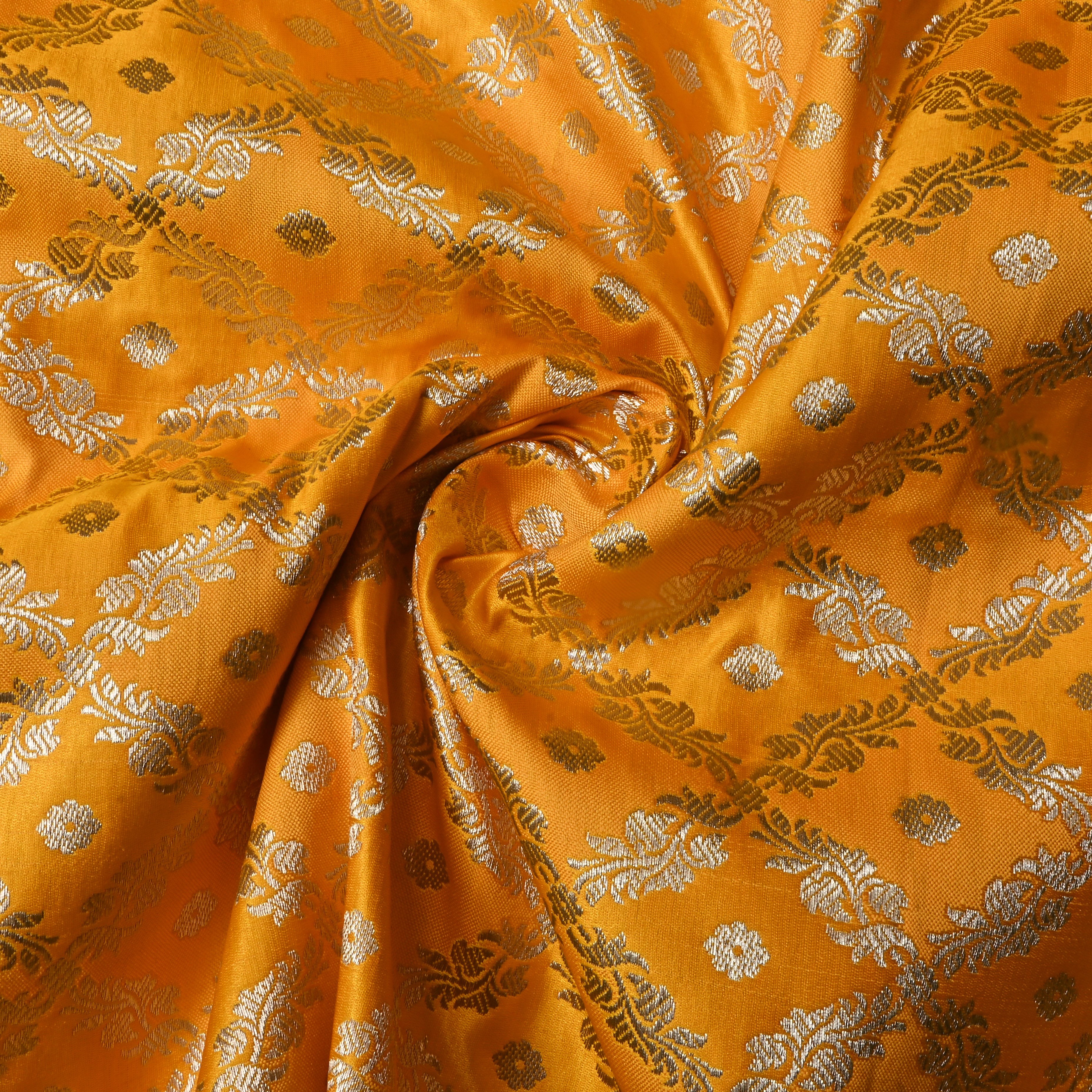 Bright Yellow Floral Jamawar Satin Fabric