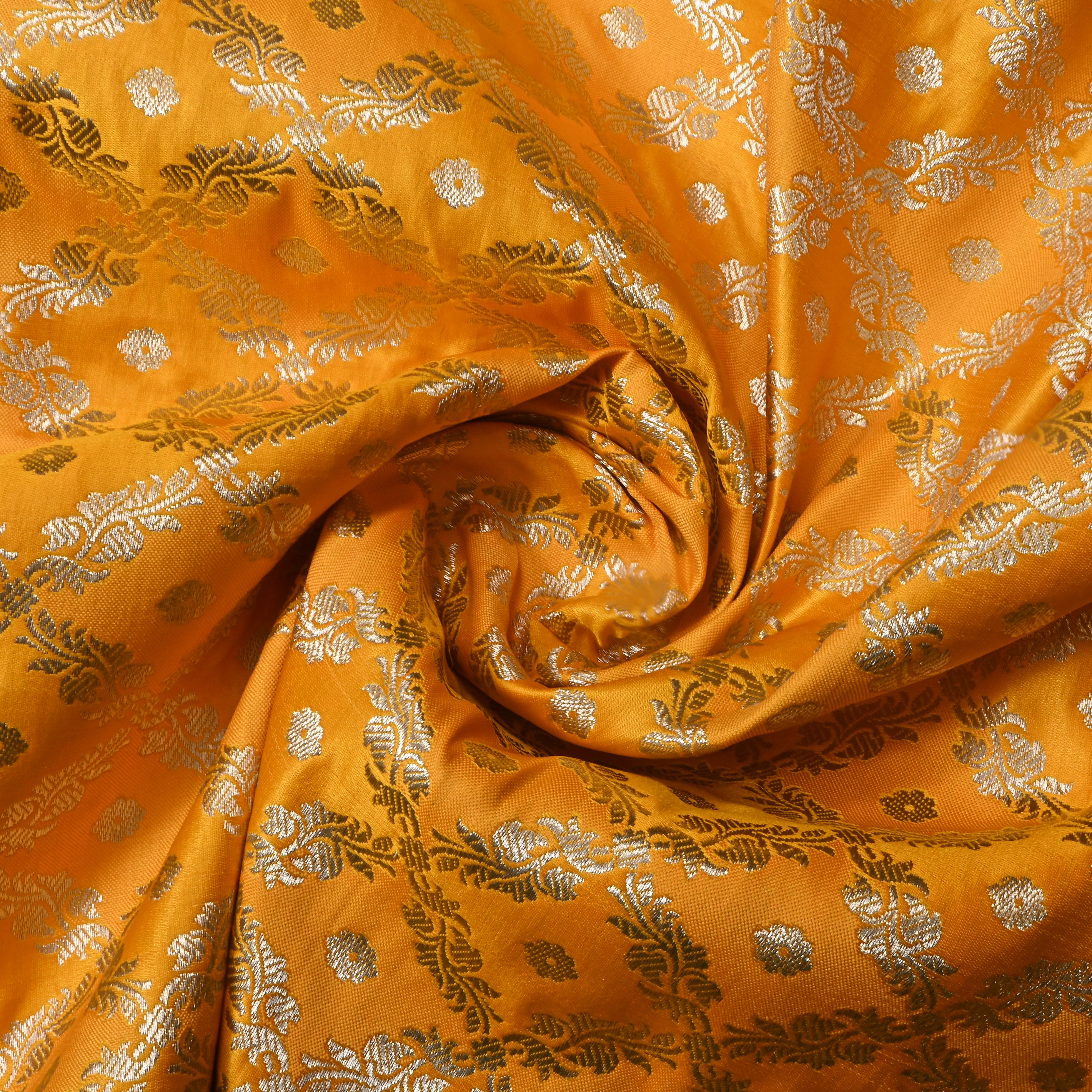 Bright Yellow Floral Jamawar Satin Fabric