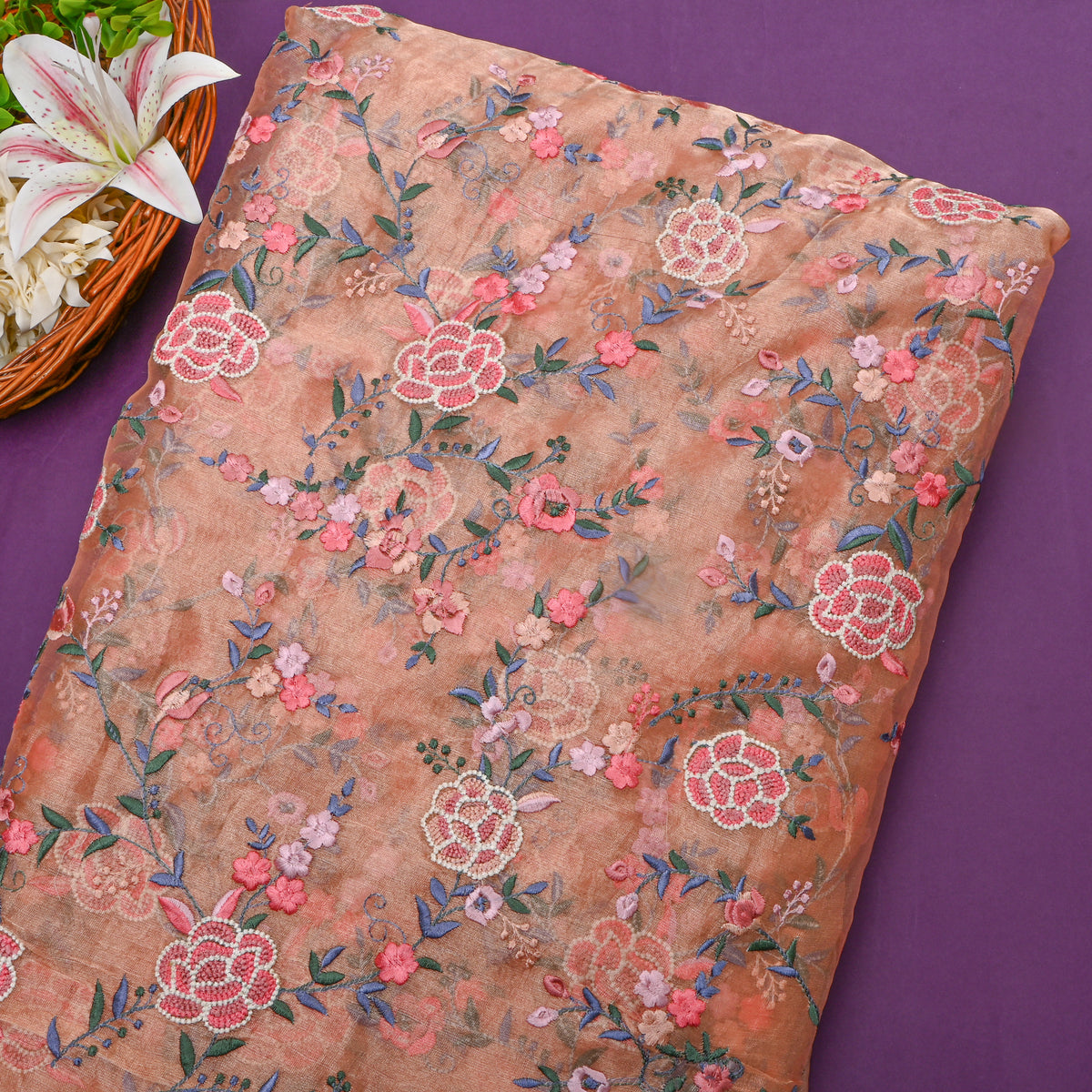 Dark Orange Tissue Fabric With Gold Floral Jaal