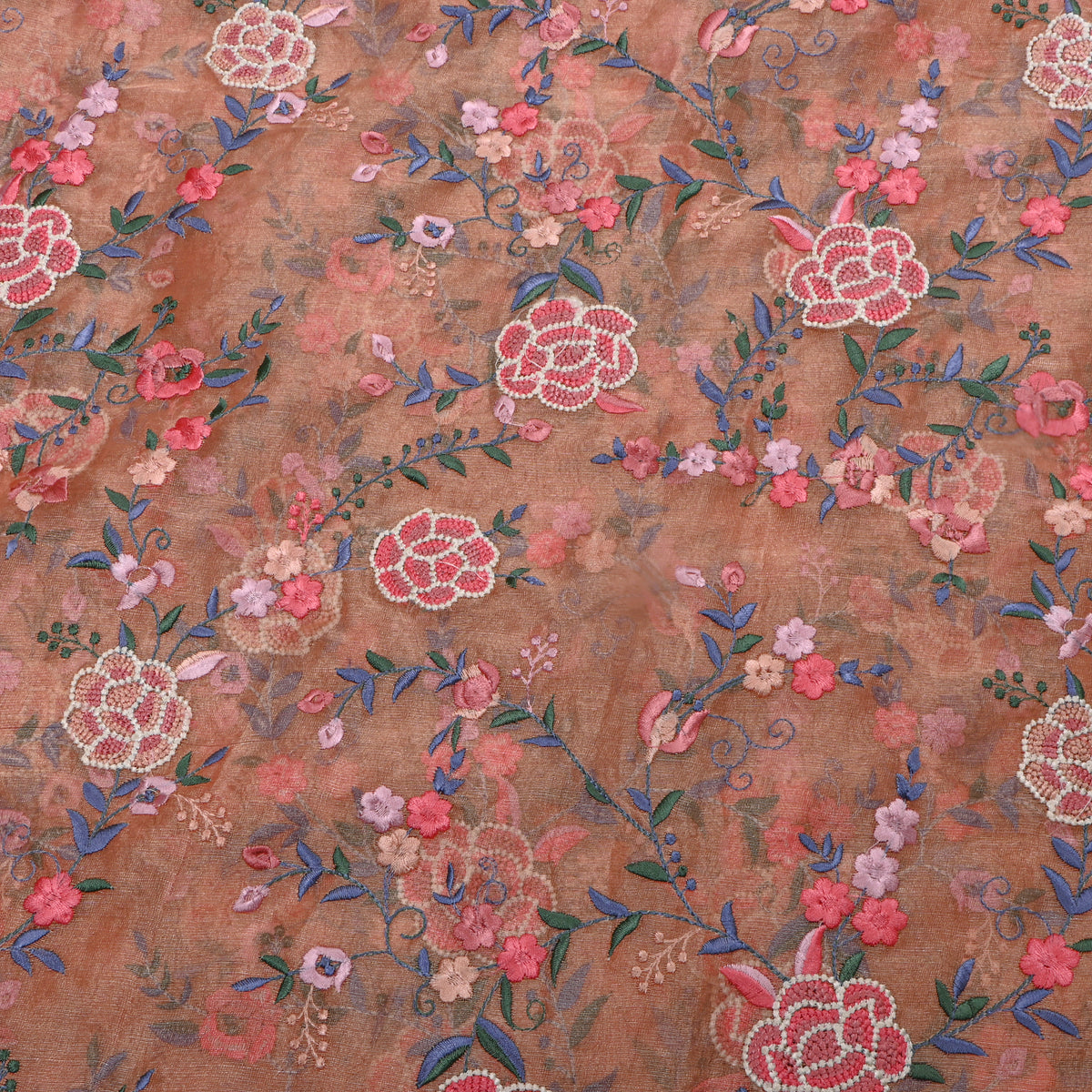 Dark Orange Tissue Fabric With Gold Floral Jaal