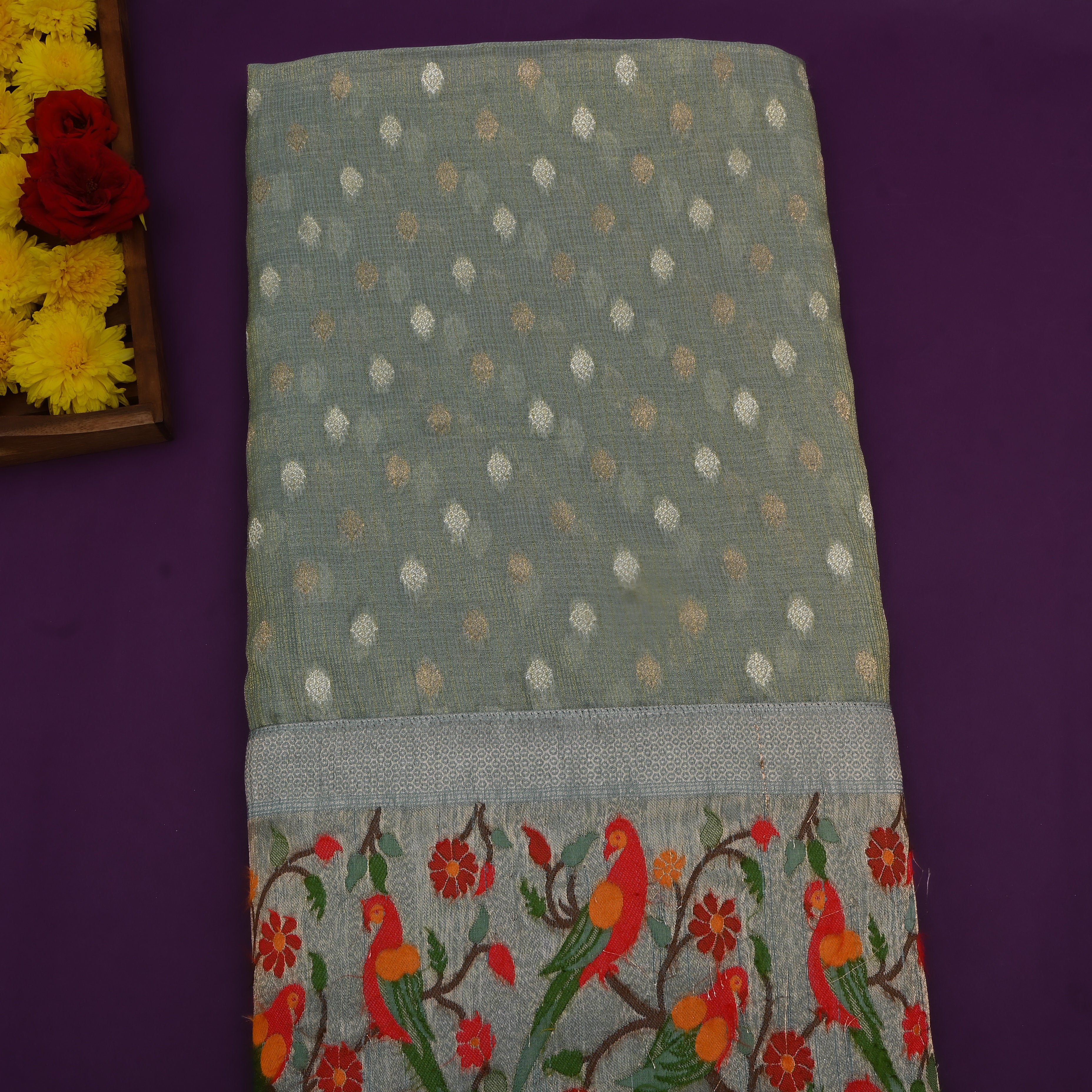 Grey Parrot Border Jamawar Fabric