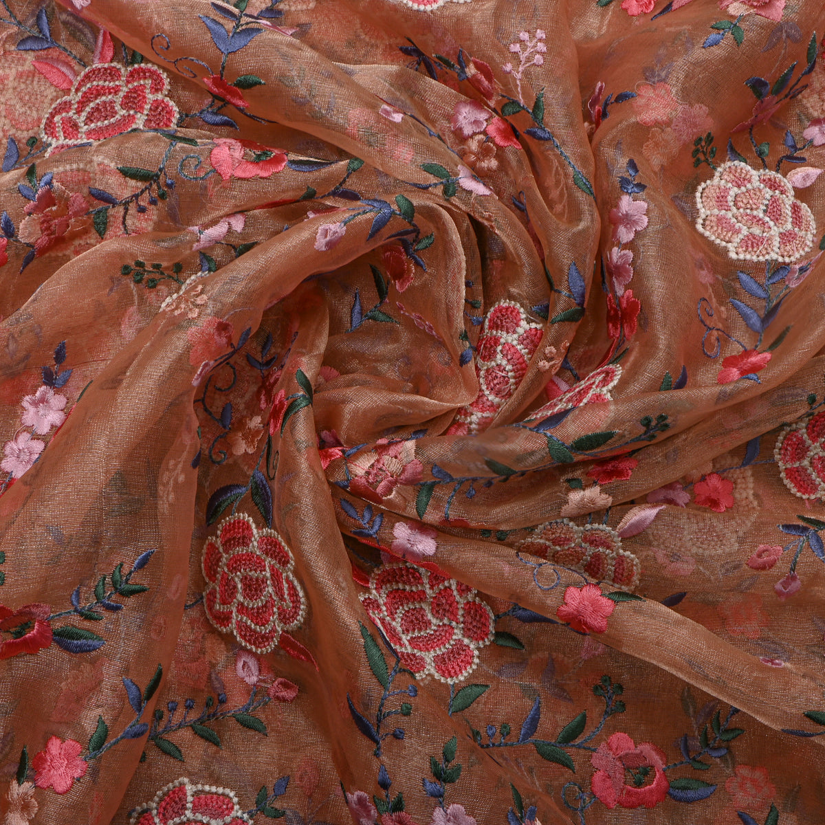 Dark Orange Tissue Fabric With Gold Floral Jaal