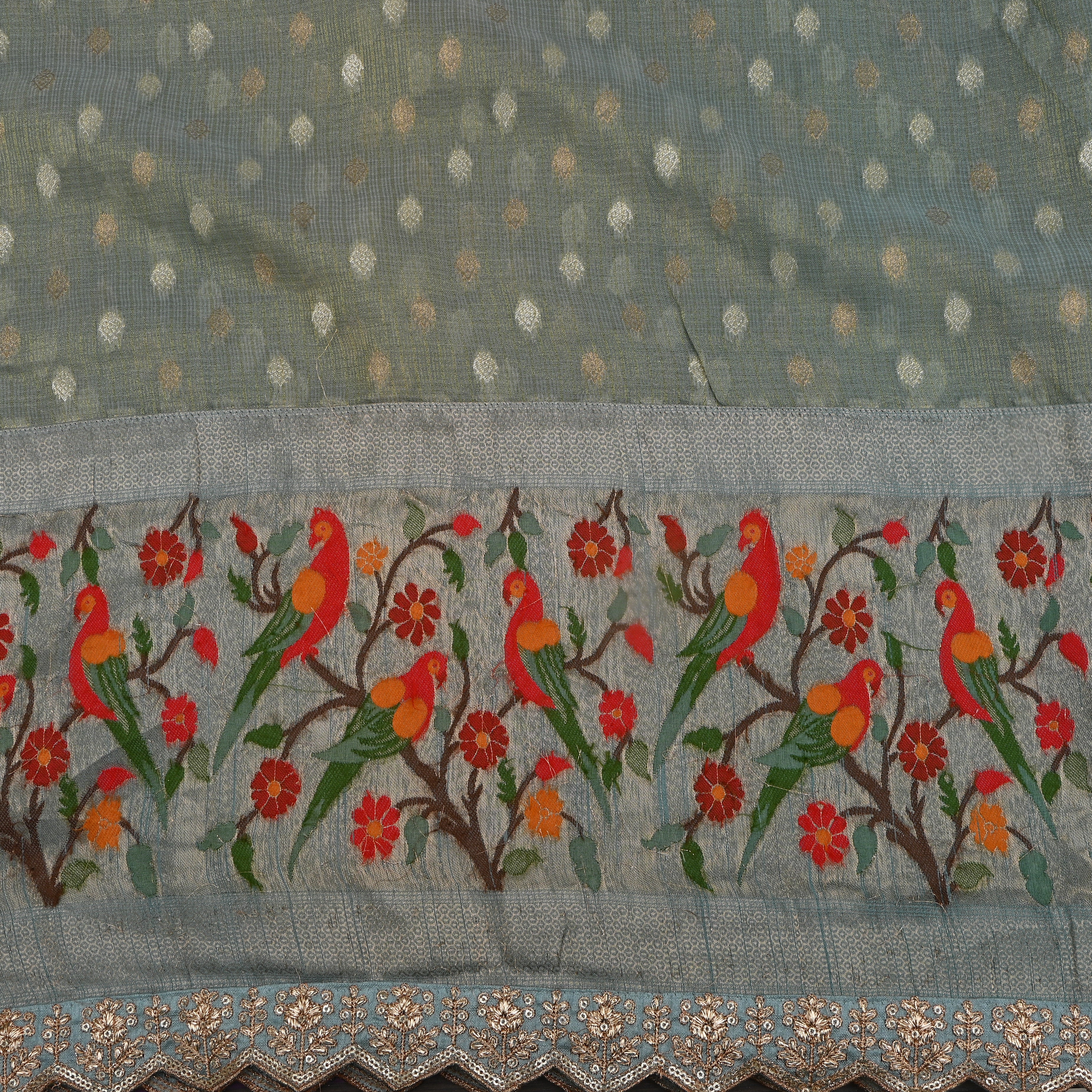 Grey Parrot Border Jamawar Fabric