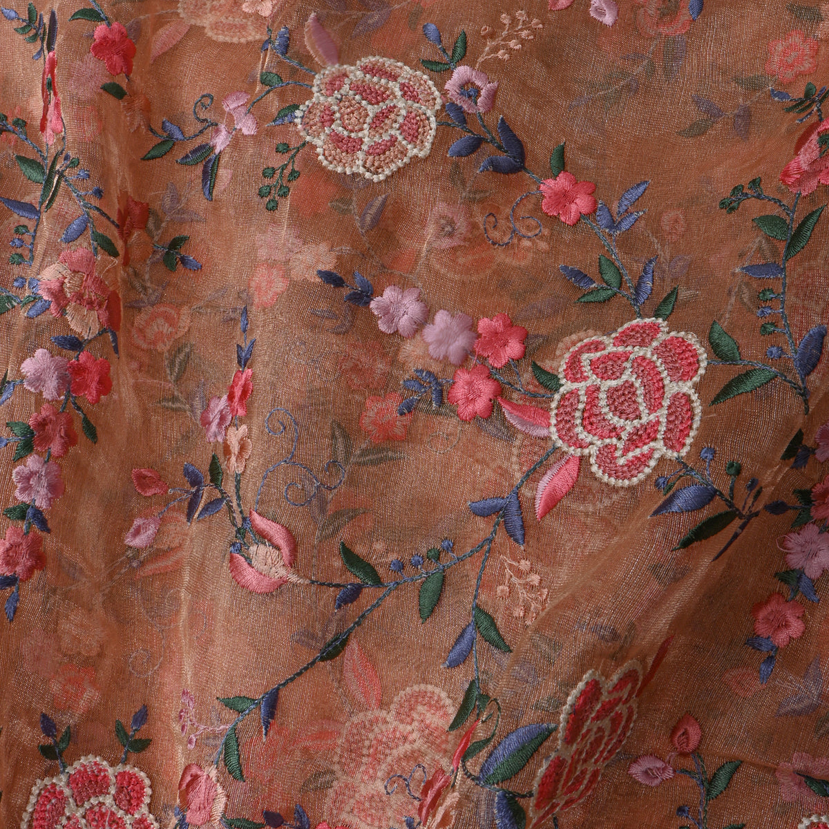 Dark Orange Tissue Fabric With Gold Floral Jaal