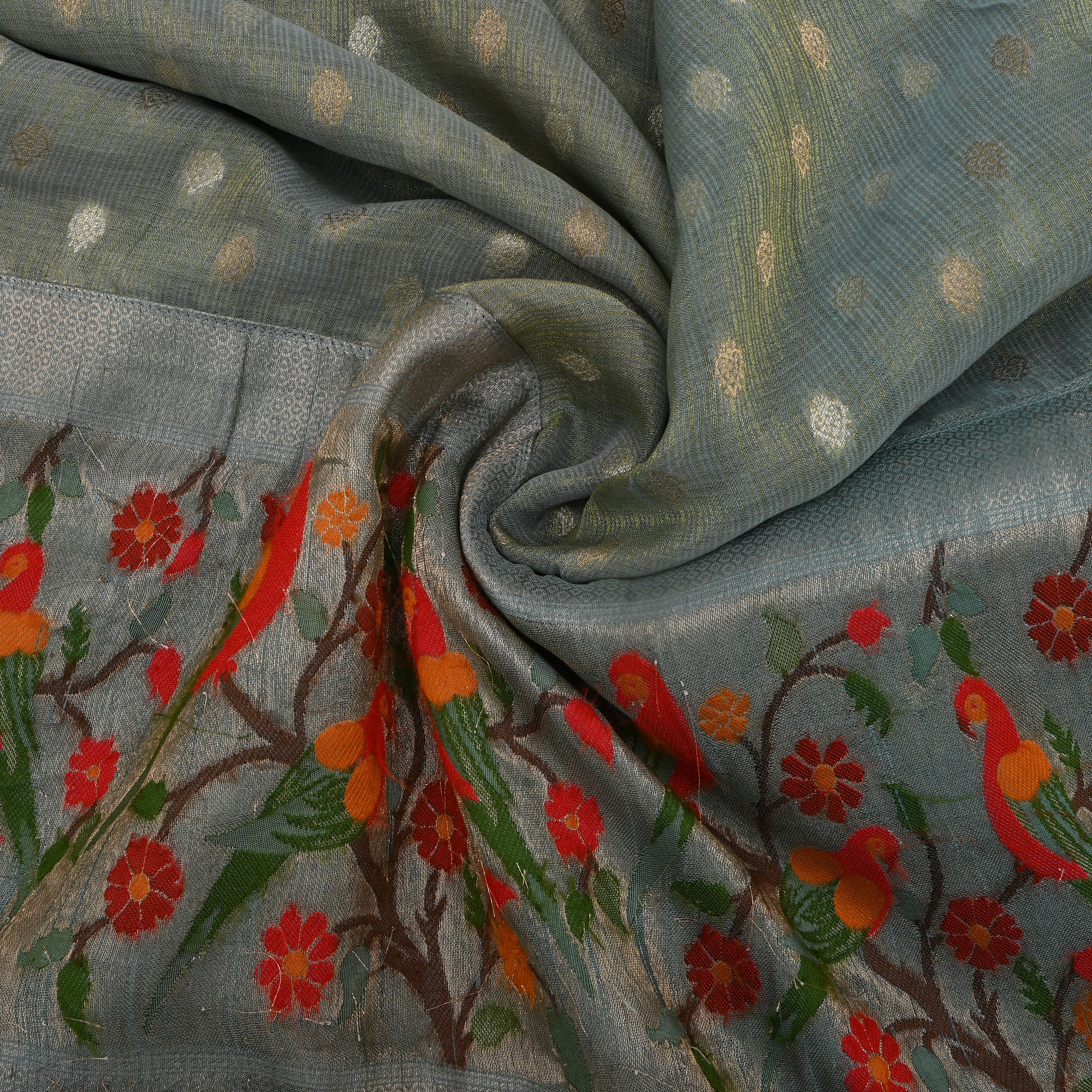 Grey Parrot Border Jamawar Fabric