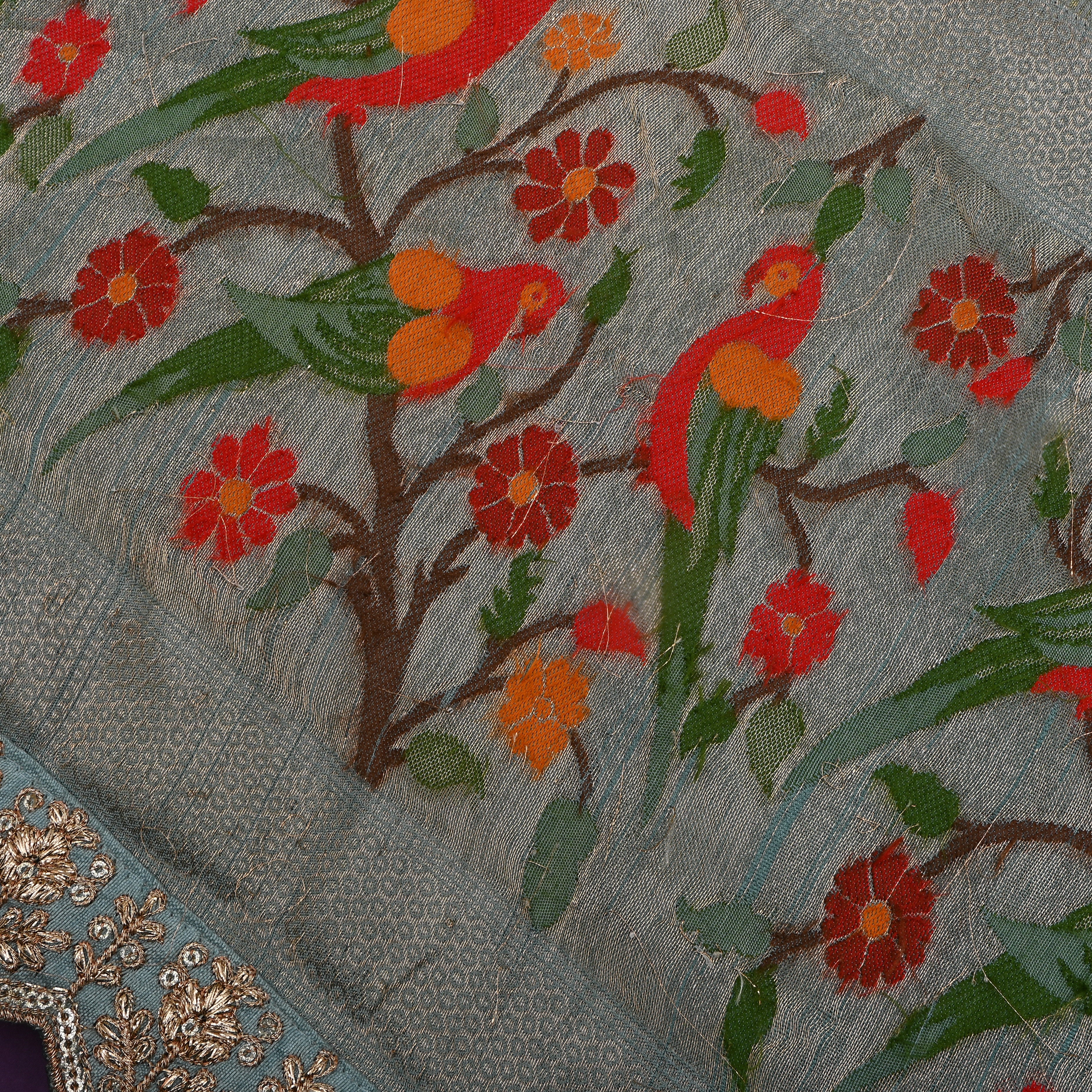 Grey Parrot Border Jamawar Fabric