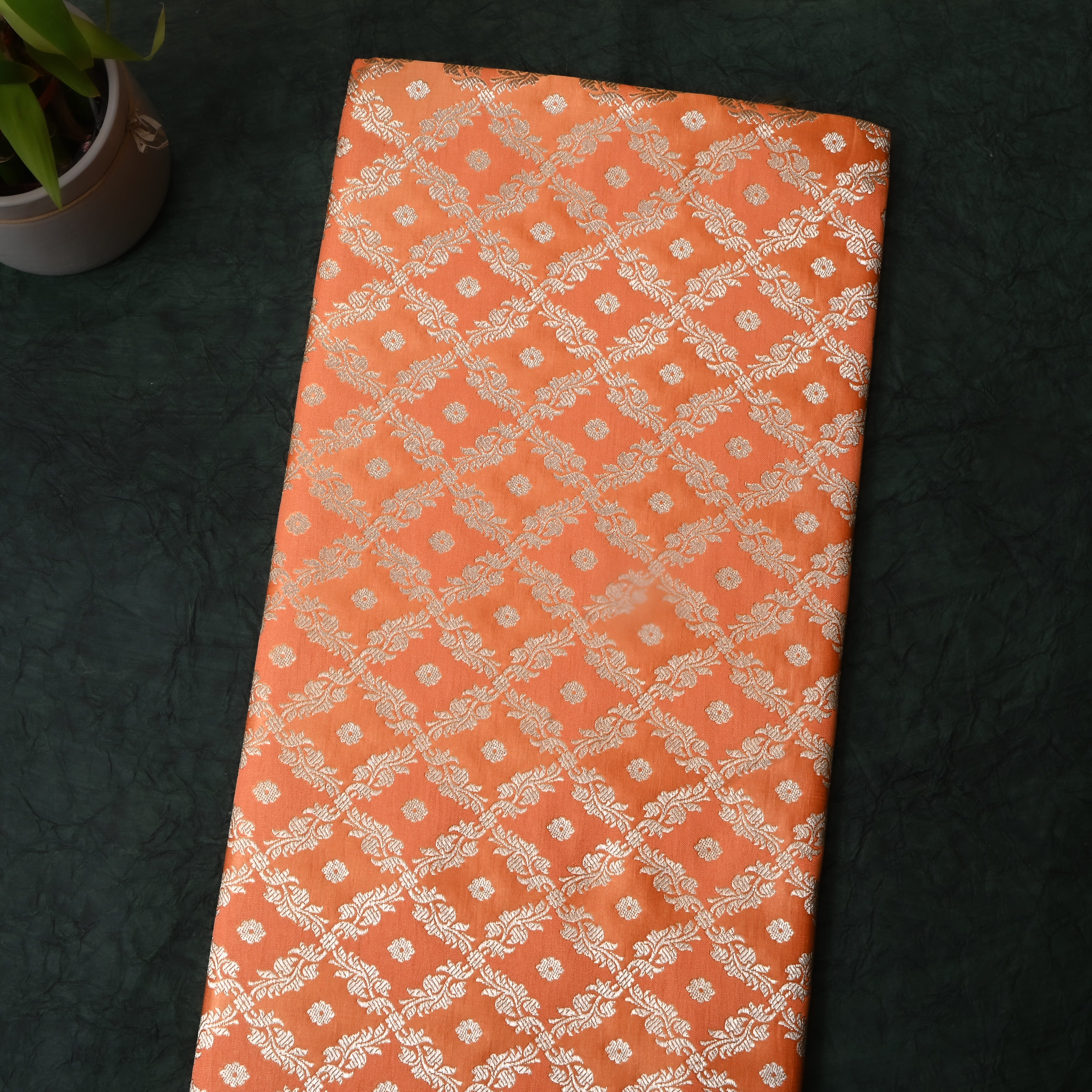 Orange Floral Jamawar Satin Fabric