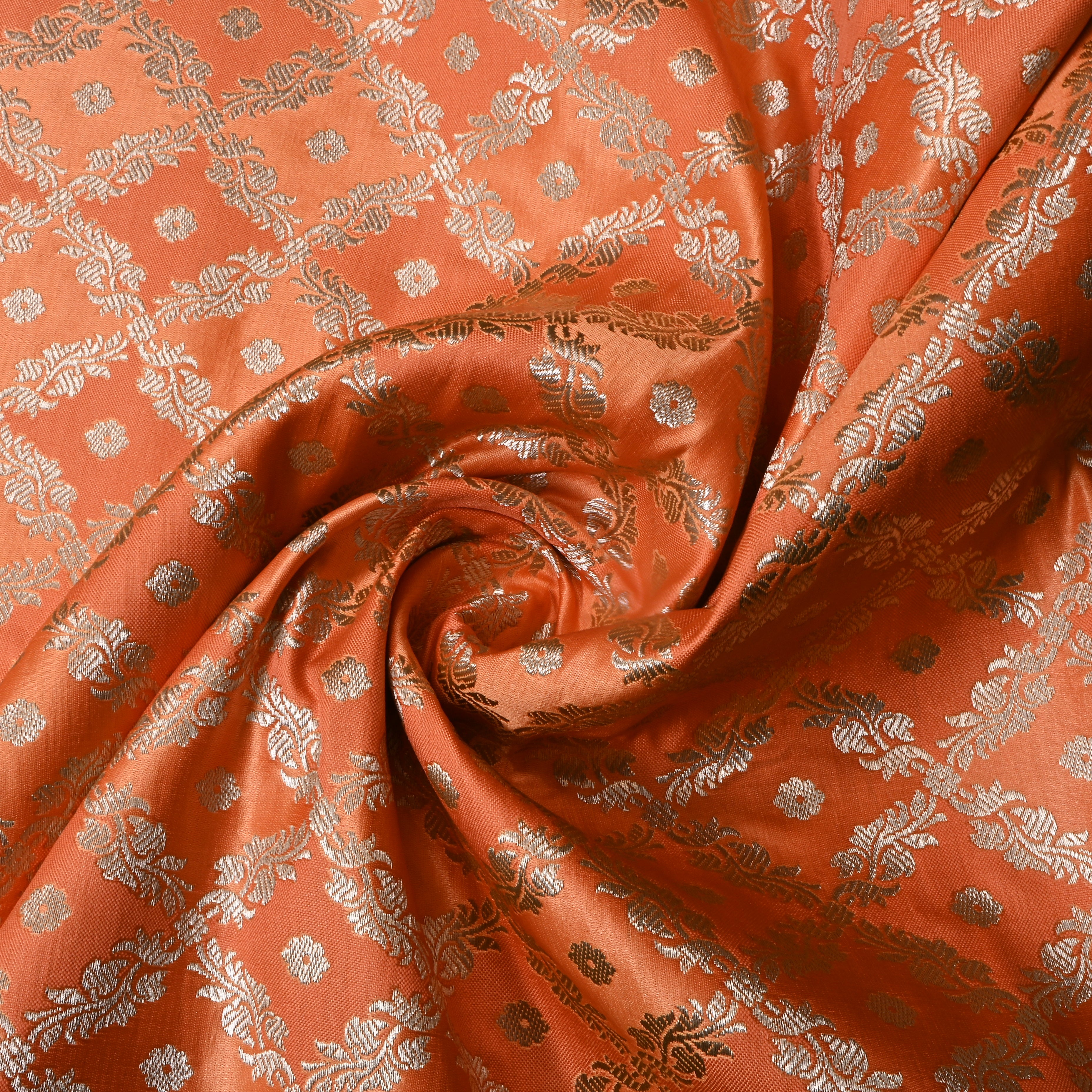 Orange Floral Jamawar Satin Fabric