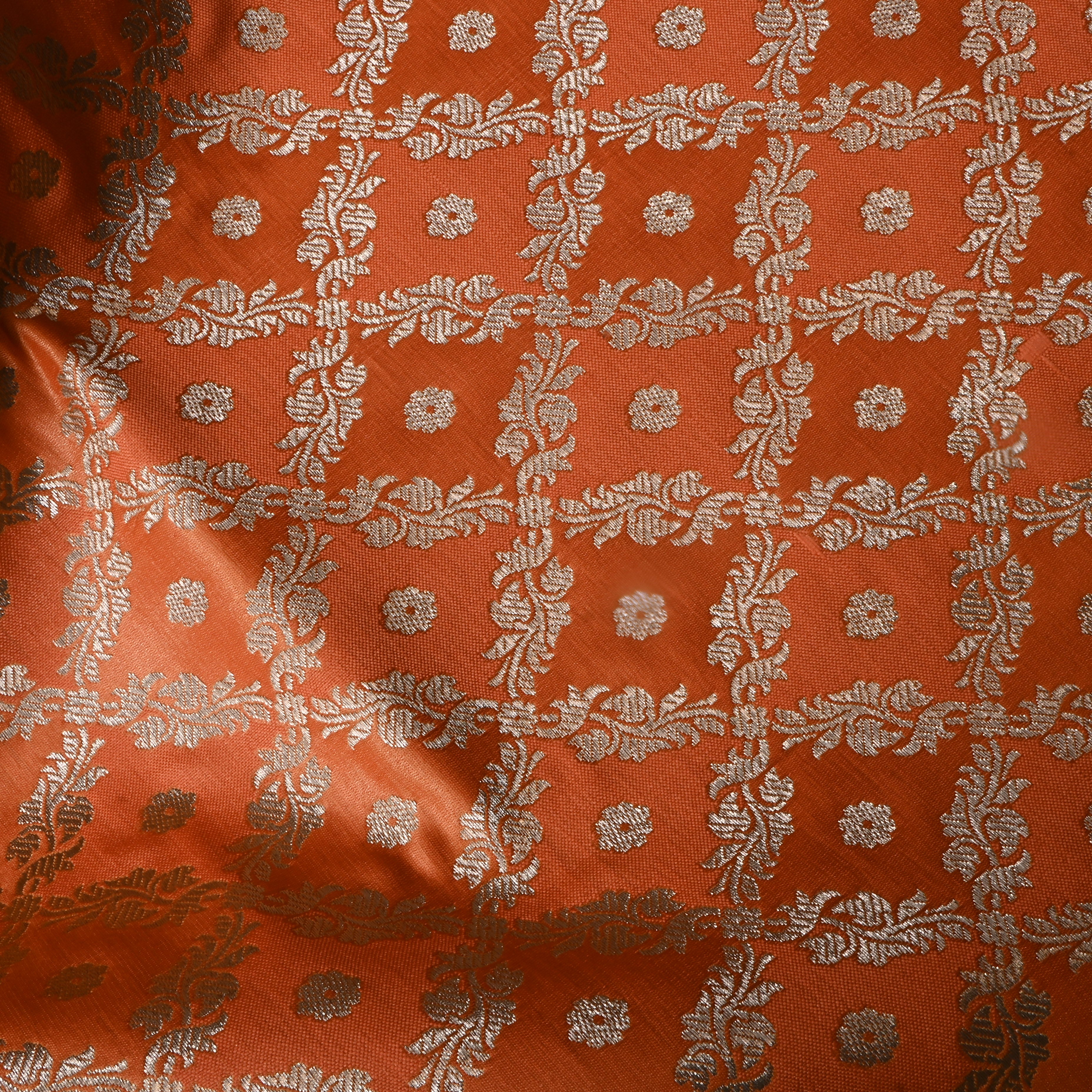Orange Floral Jamawar Satin Fabric