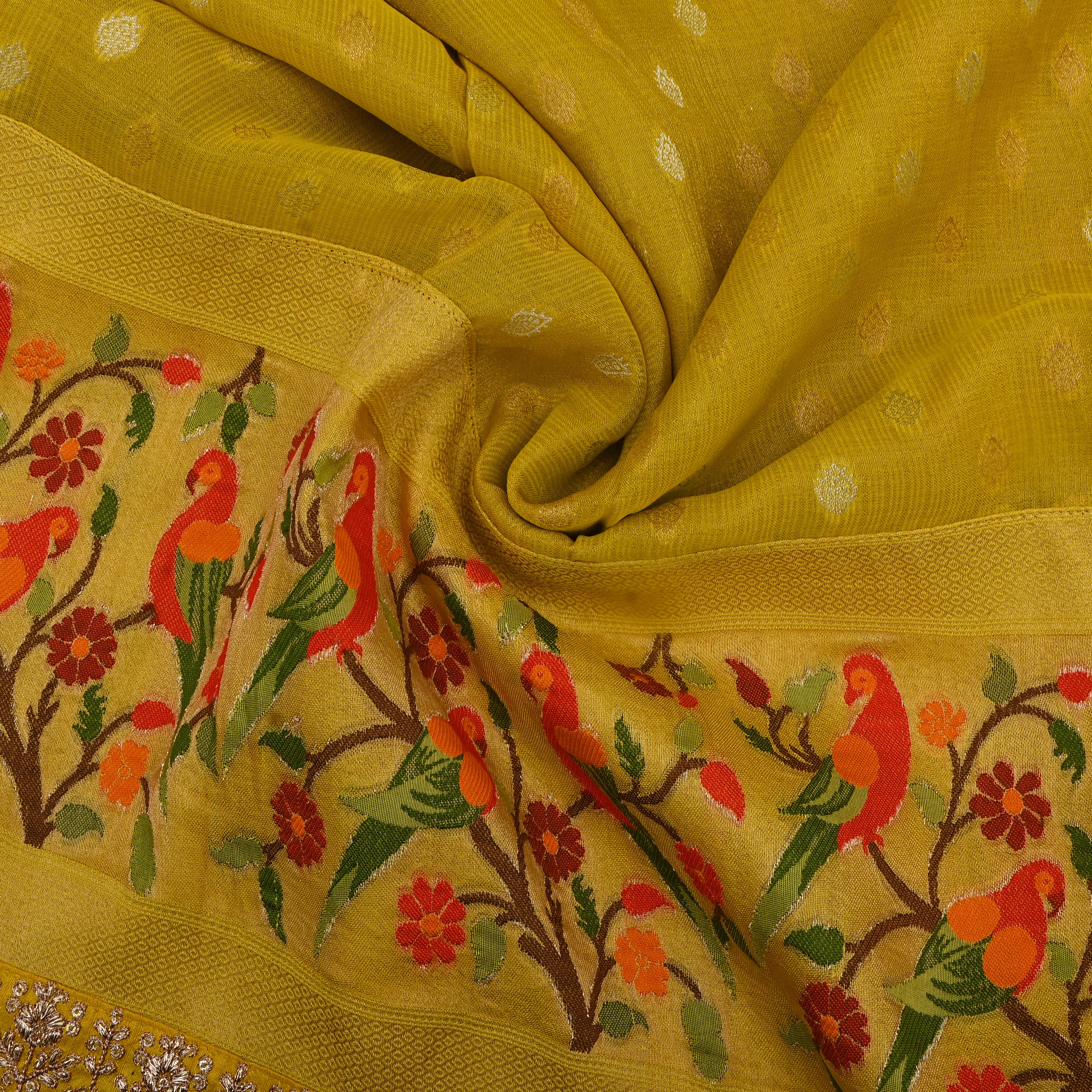 Mustard Yellow Parrot Border Jamawar Fabric