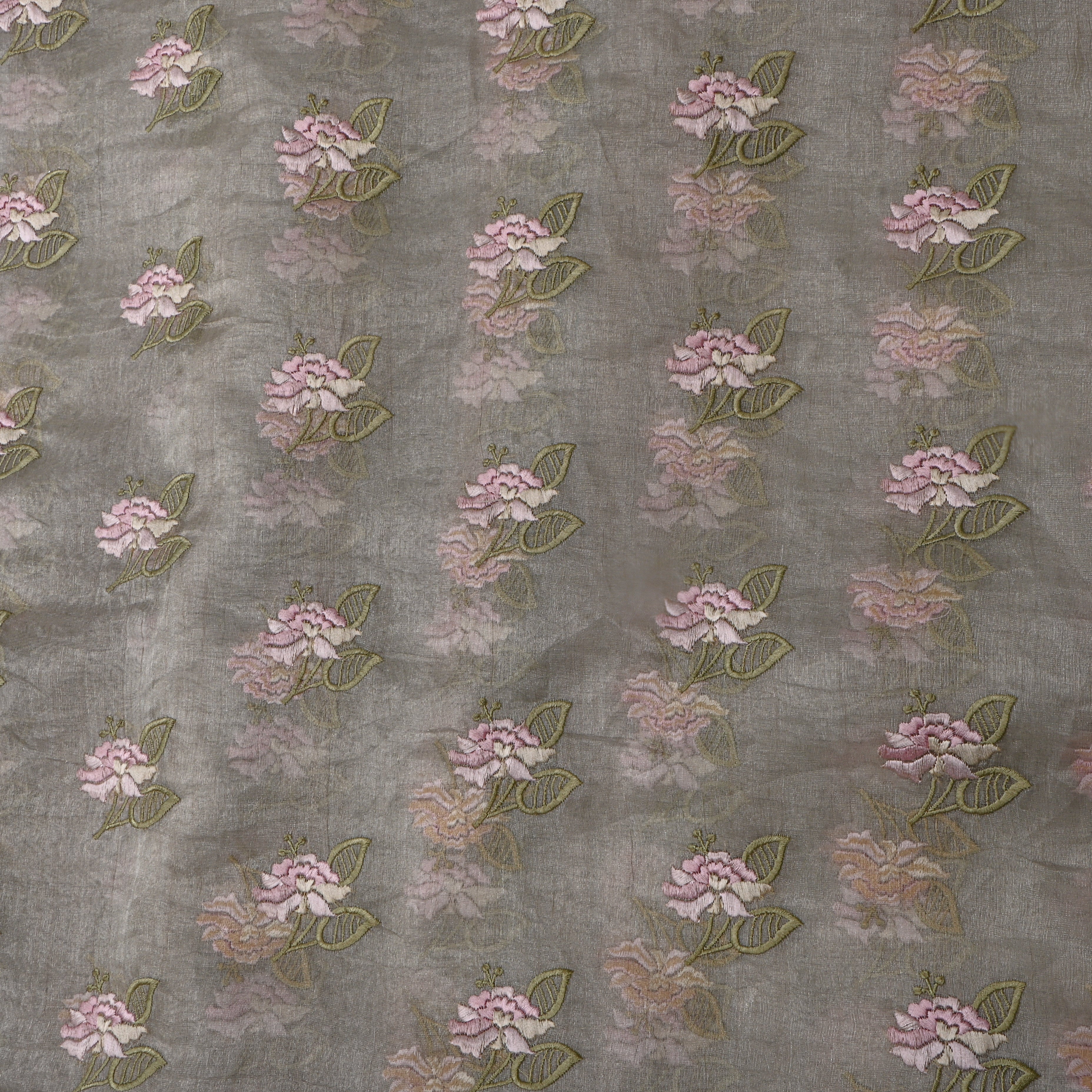 Bright Grey Tissue Fabric With Repeating Floral Thread Work