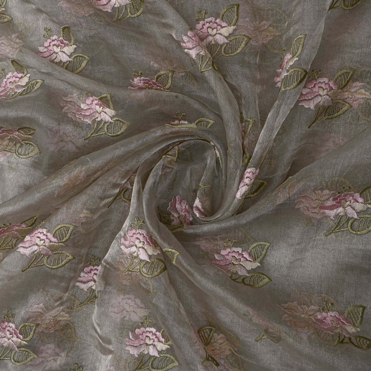 Bright Grey Tissue Fabric With Repeating Floral Thread Work