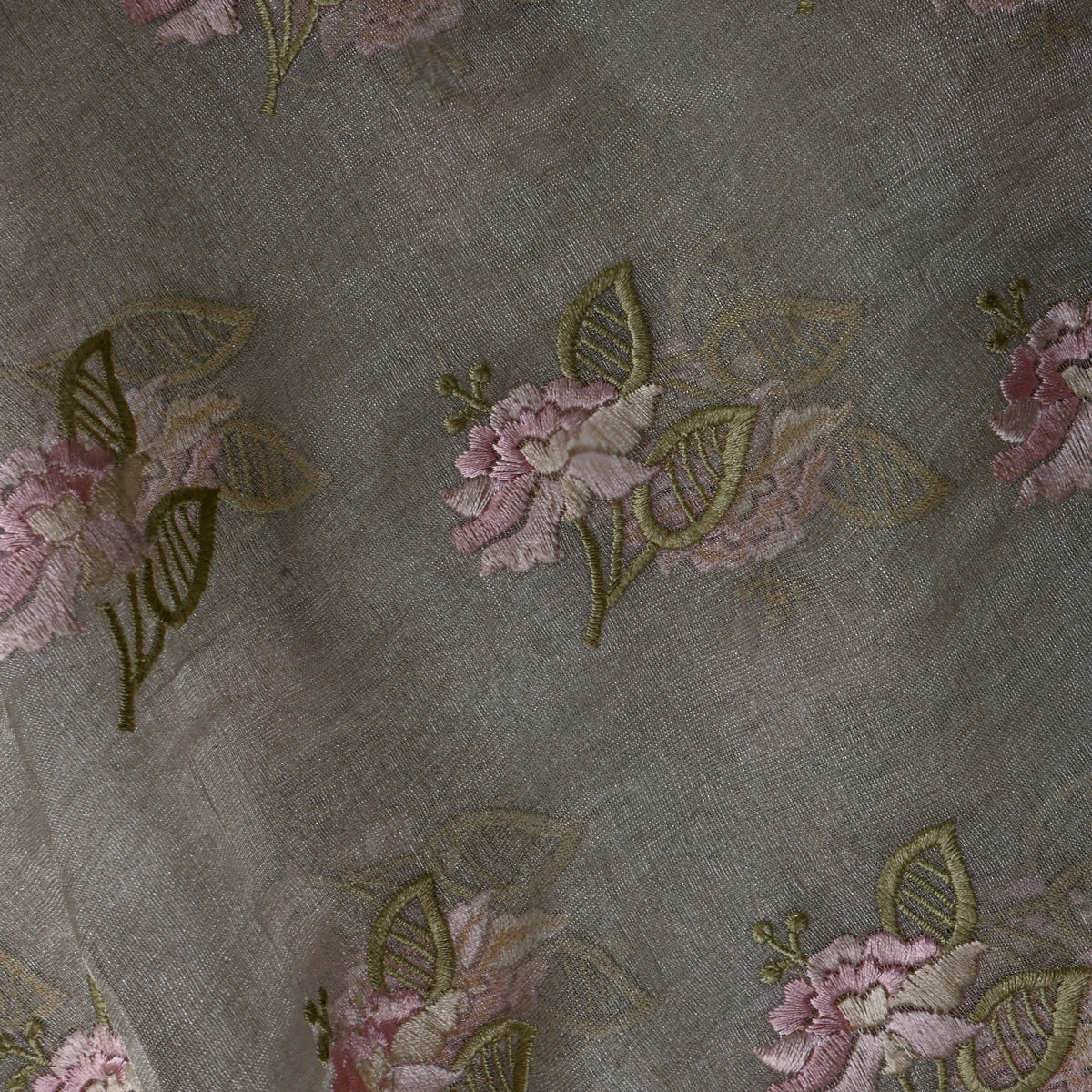 Bright Grey Tissue Fabric With Repeating Floral Thread Work