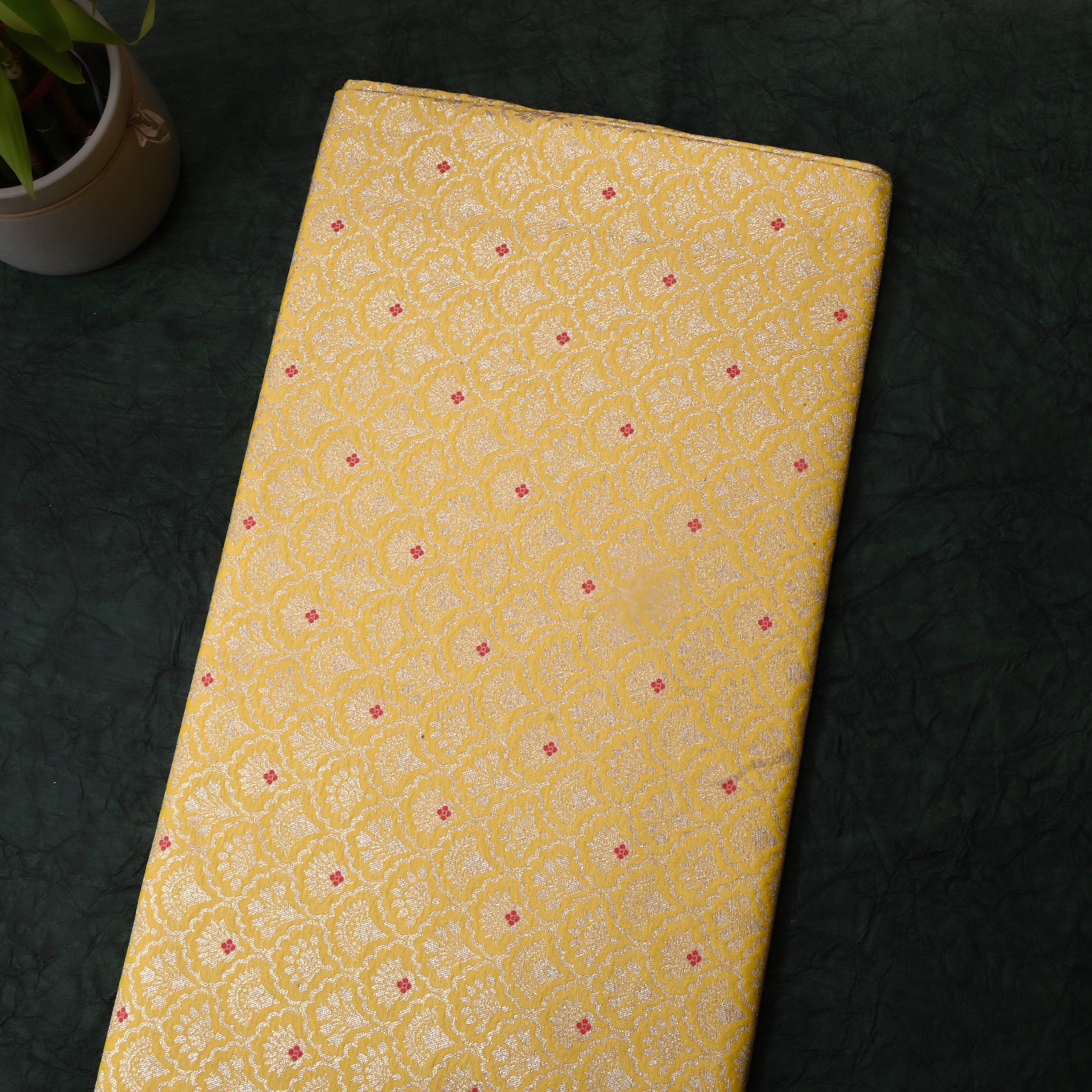 Golden Yellow Floral Zari Jamawar Silk Fabric