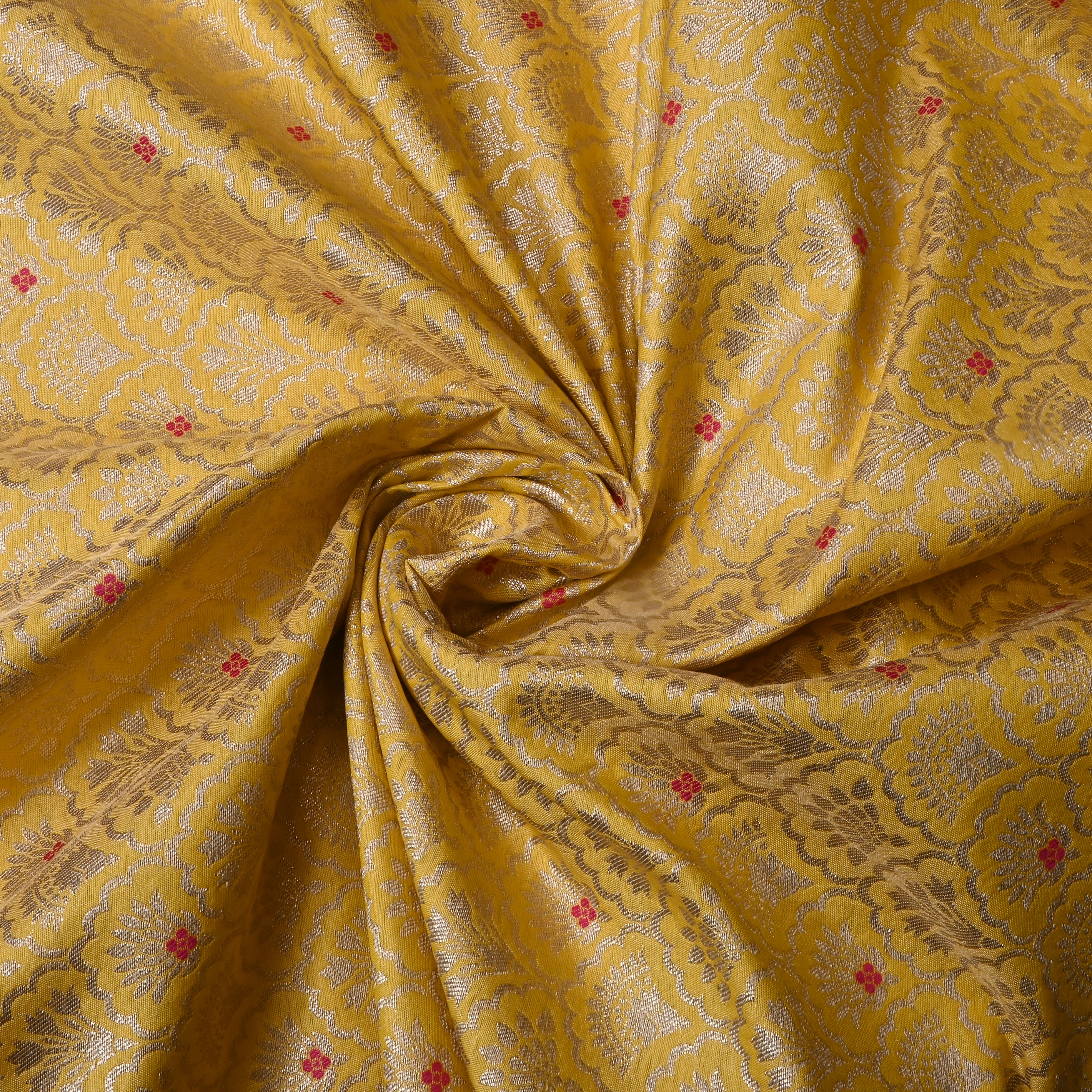 Golden Yellow Floral Zari Jamawar Silk Fabric