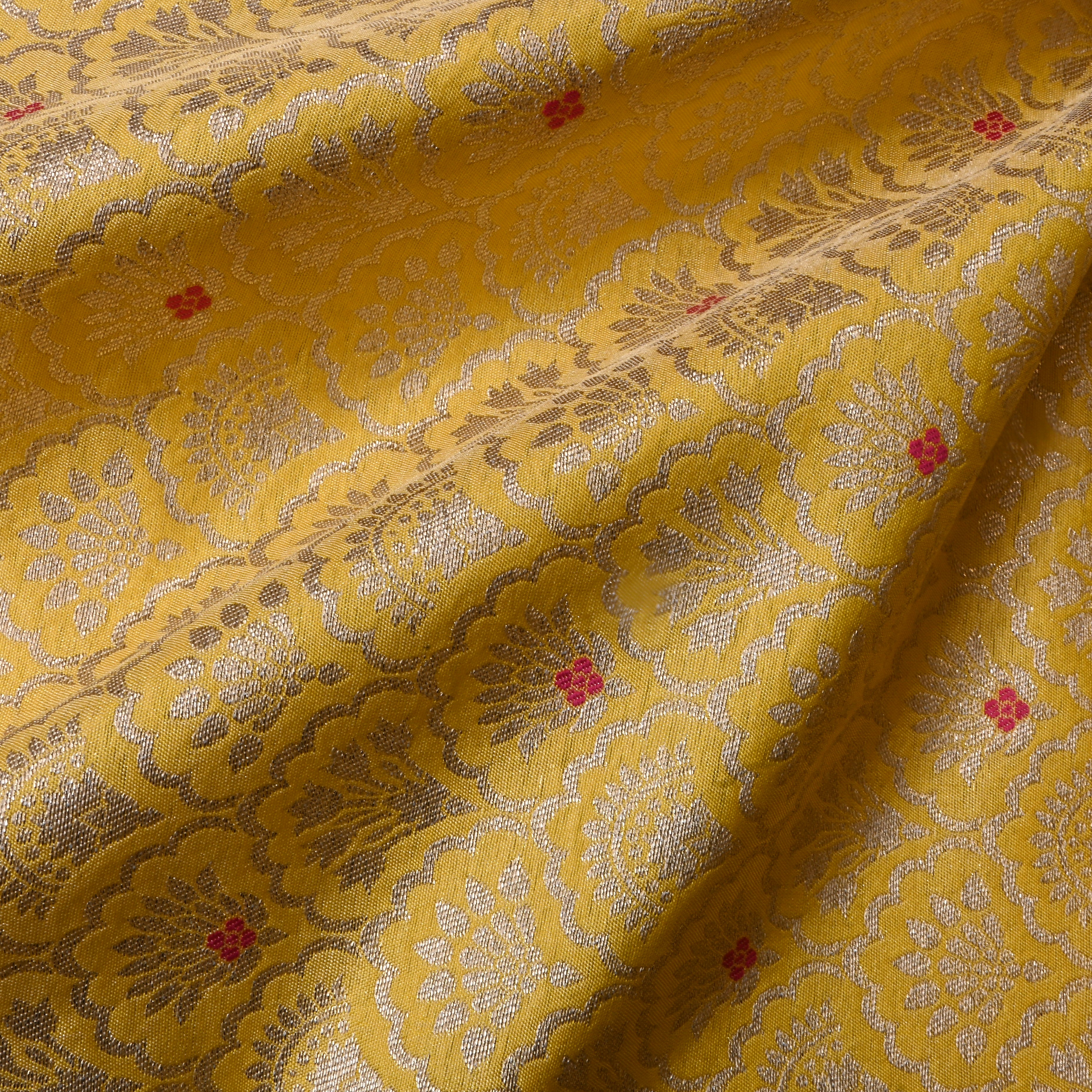 Golden Yellow Floral Zari Jamawar Silk Fabric