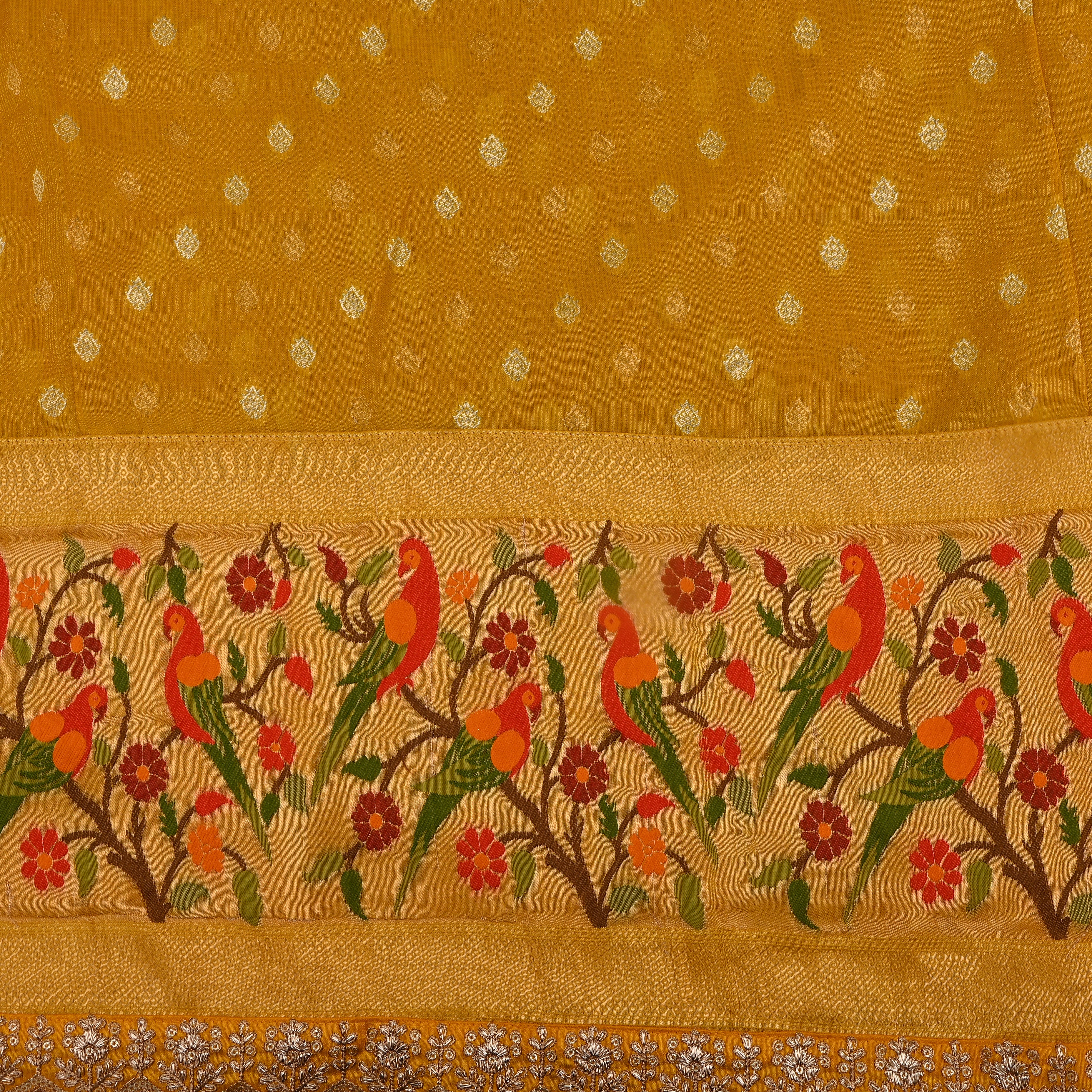 Turmeric Yellow Parrot Border Jamawar Fabric
