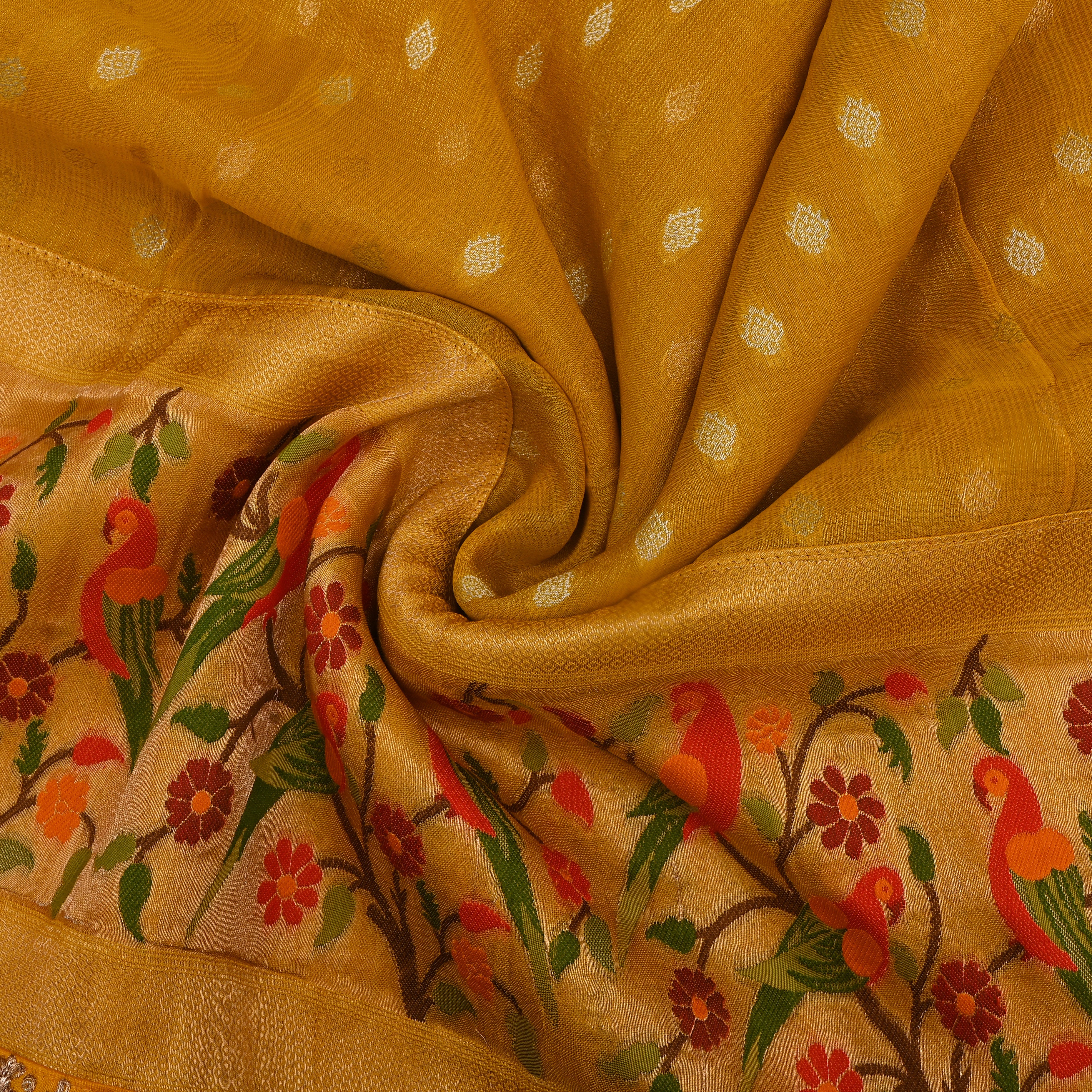 Turmeric Yellow Parrot Border Jamawar Fabric