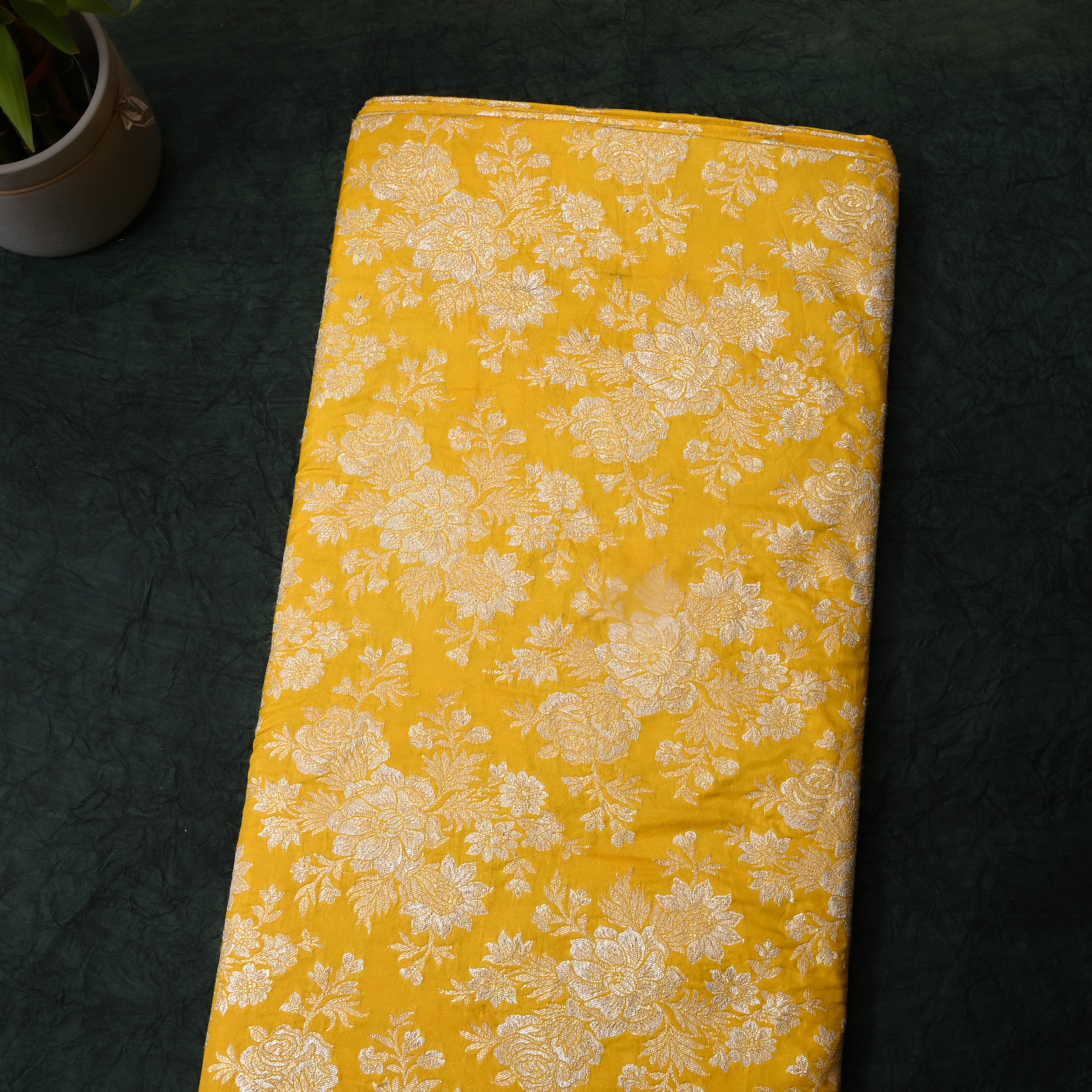 Bright Yellow Floral Woven Jamawar Silk Fabric