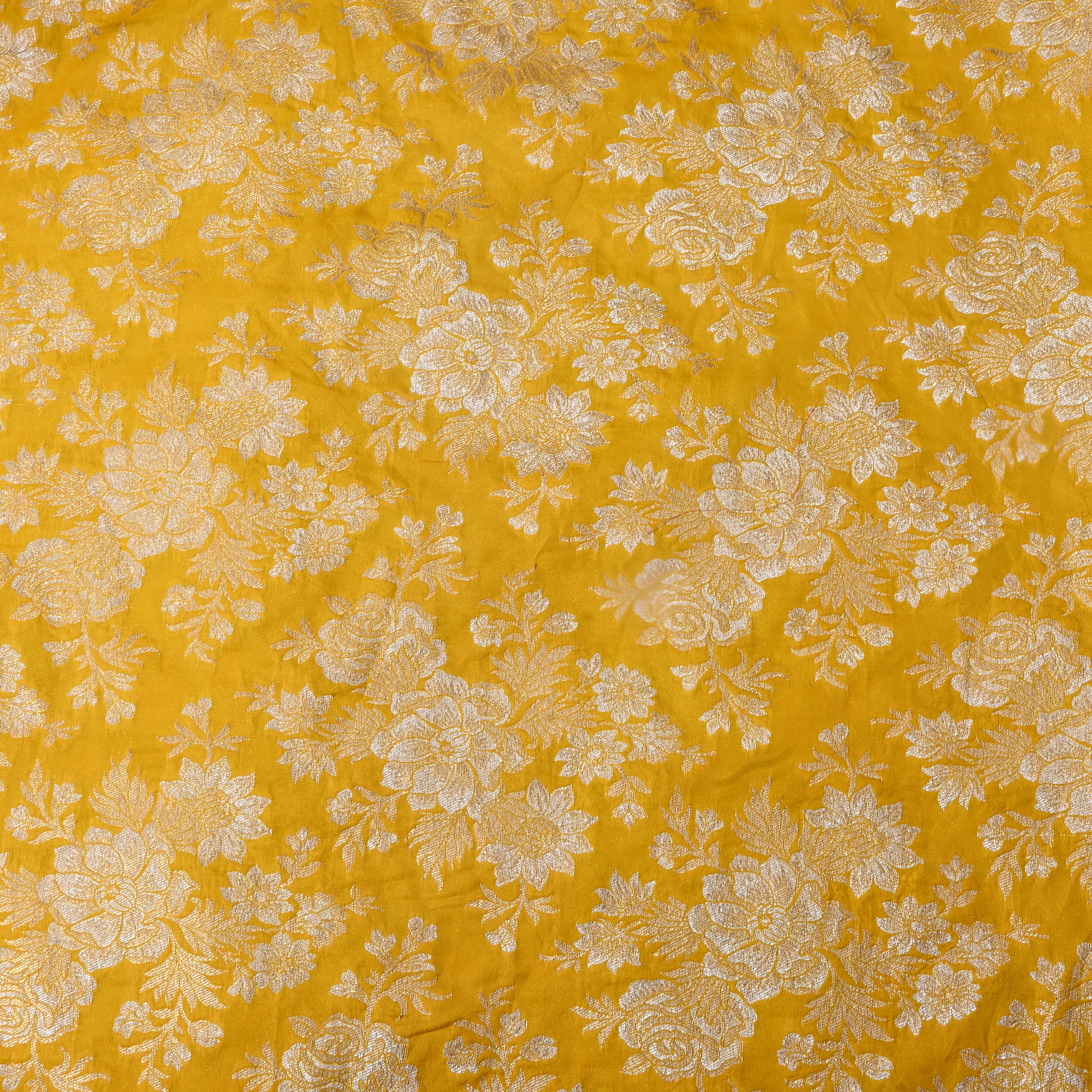 Bright Yellow Floral Woven Jamawar Silk Fabric
