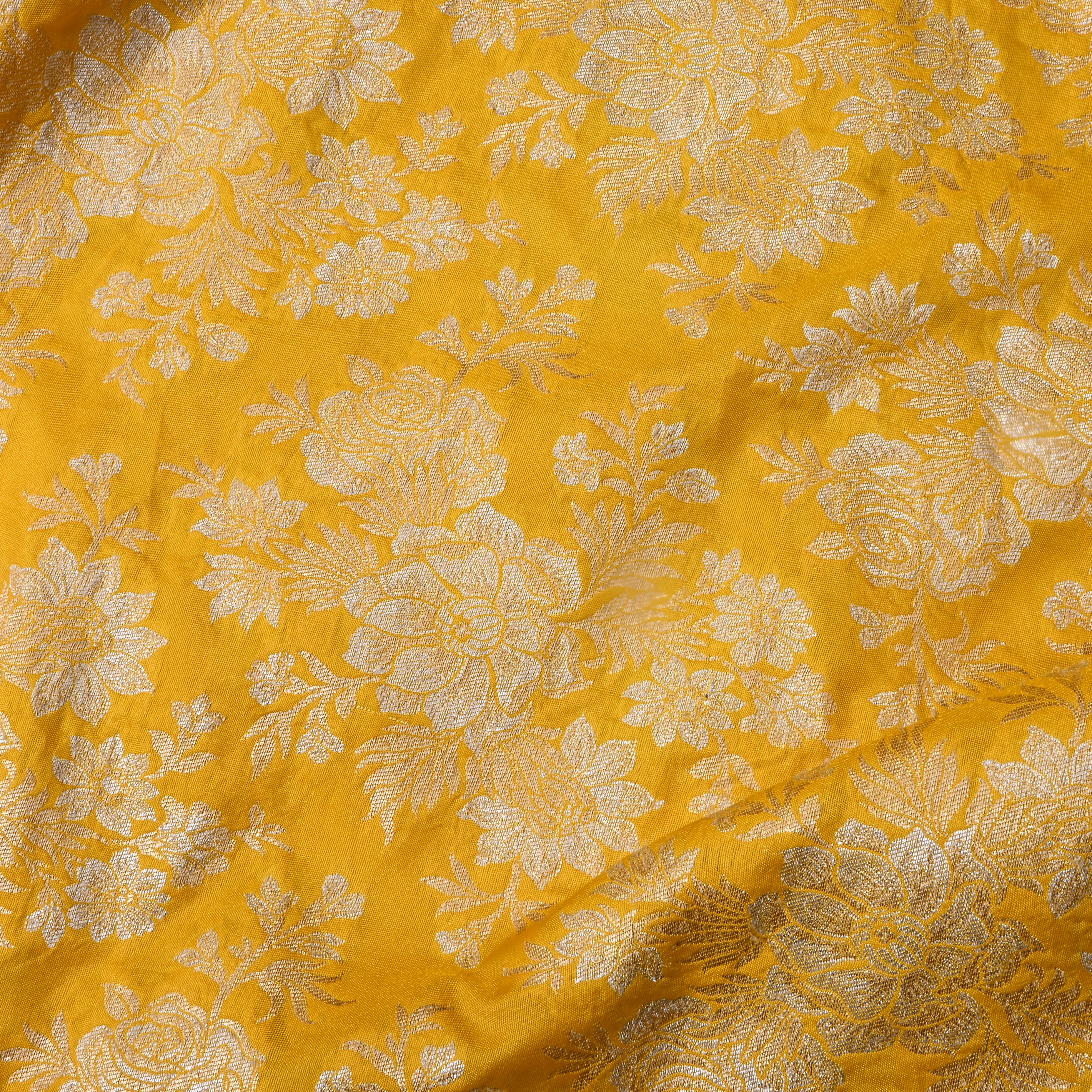 Bright Yellow Floral Woven Jamawar Silk Fabric