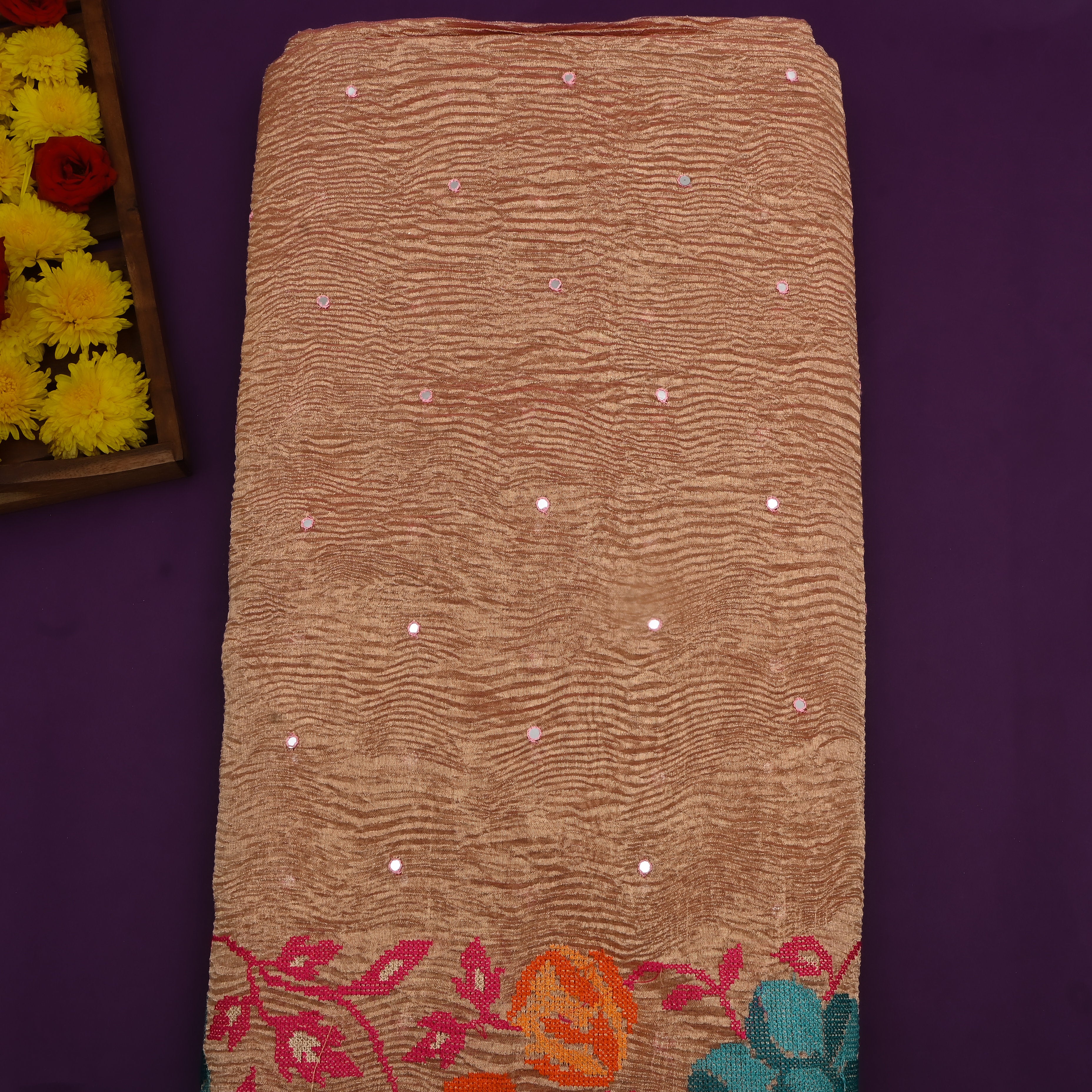Copper Brown Multicolour Floral Cutwork Weave Tissue Fabric