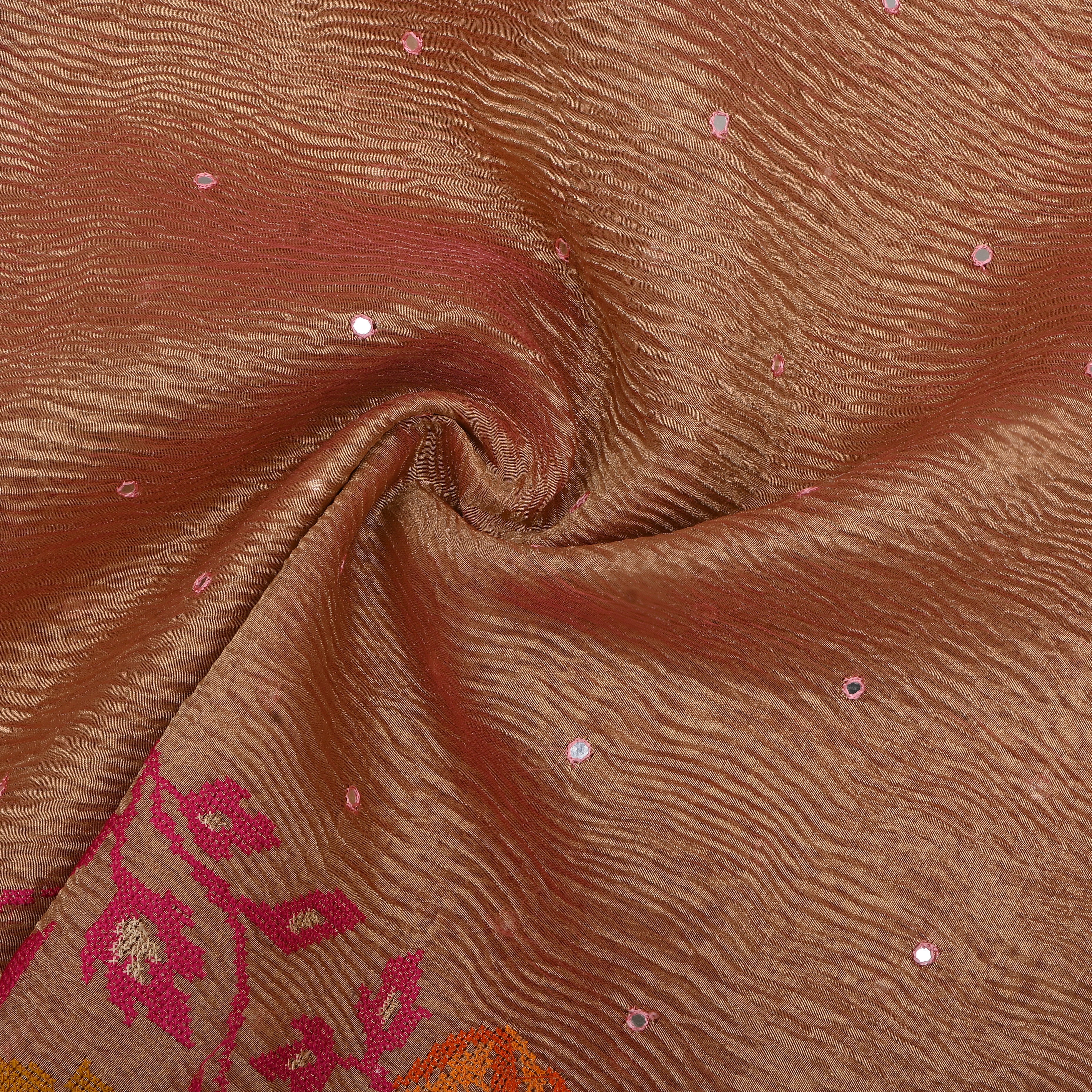 Copper Brown Multicolour Floral Cutwork Weave Tissue Fabric