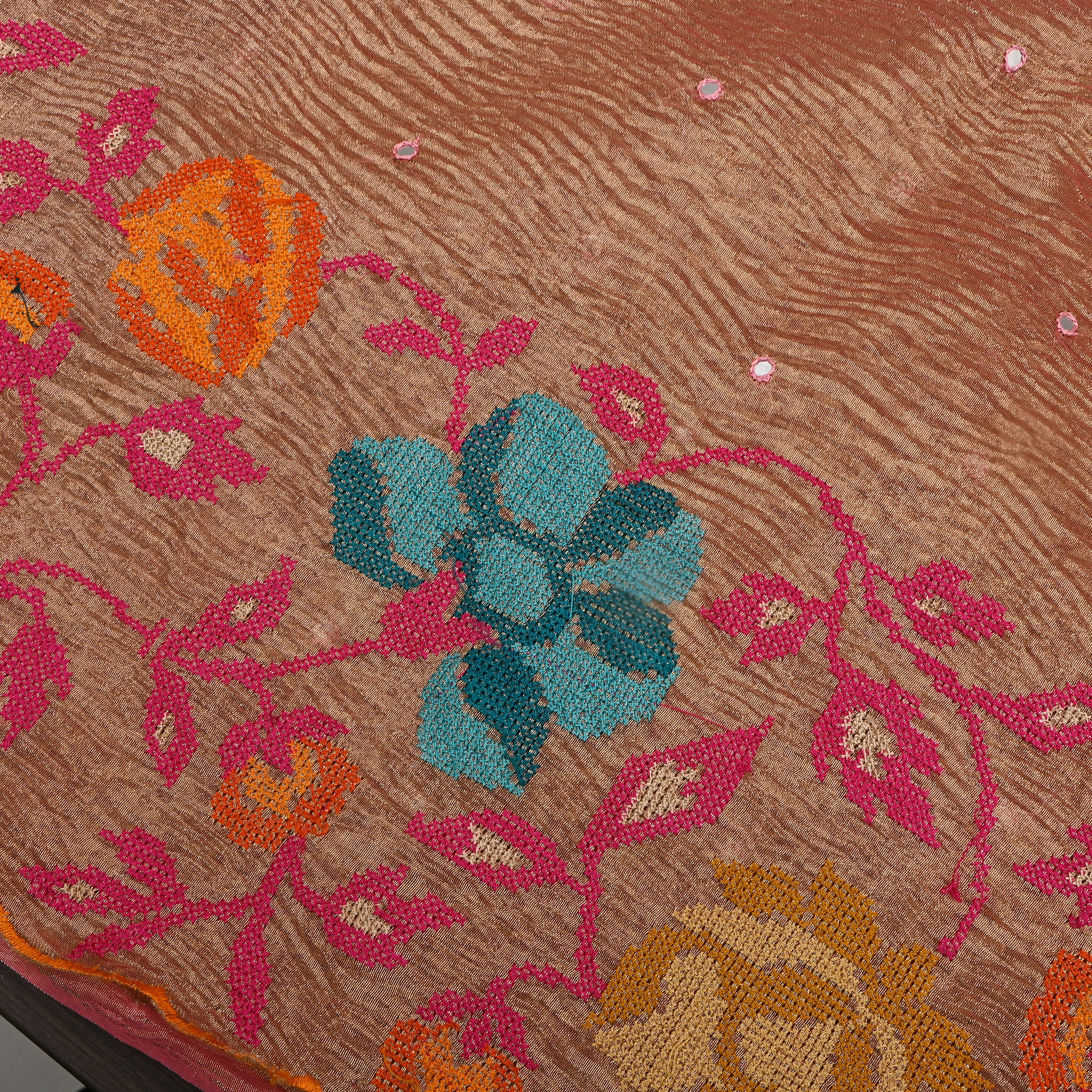 Copper Brown Multicolour Floral Cutwork Weave Tissue Fabric