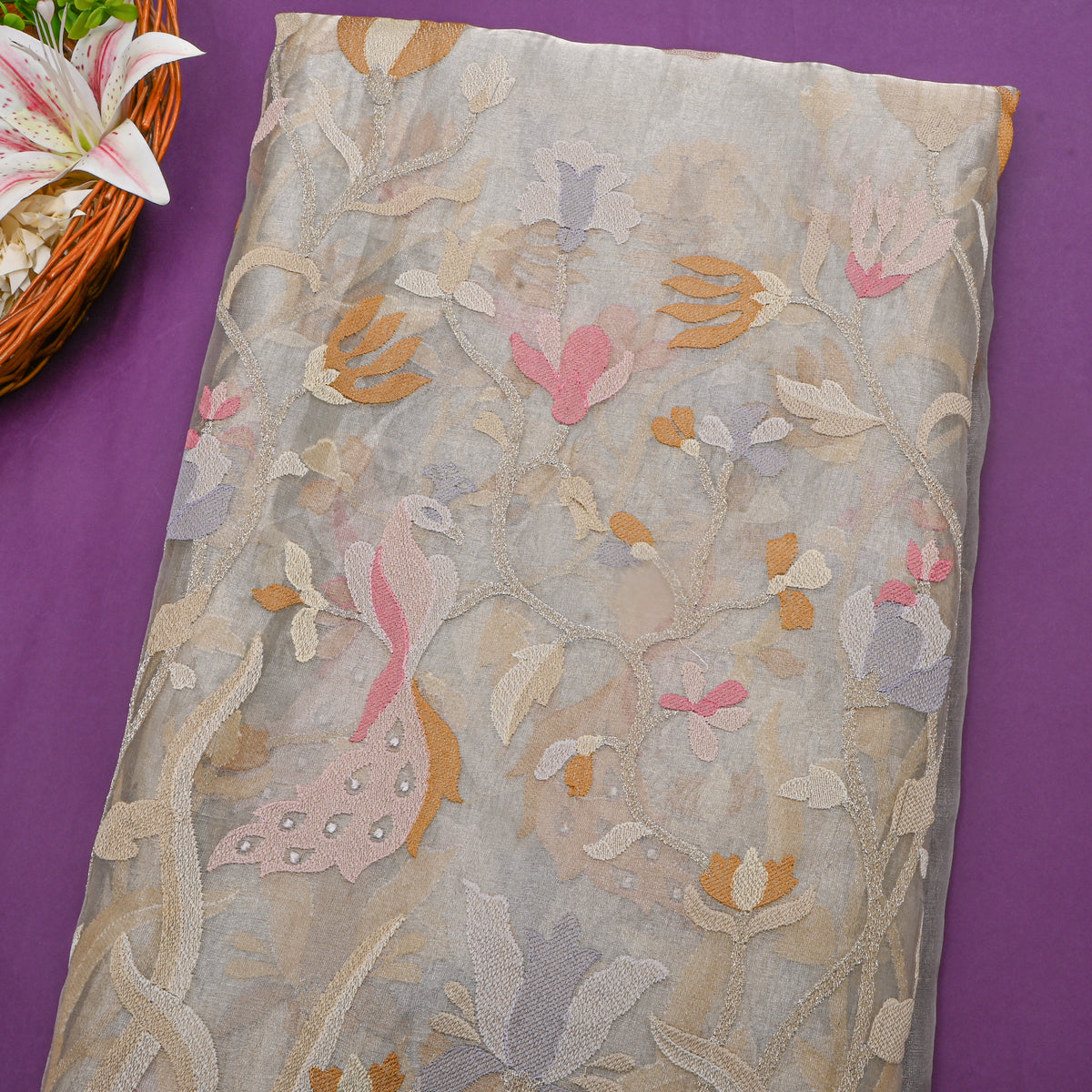 Grey Dual-Tone Floral Jaal Peacock Thread Work Tissue Fabric
