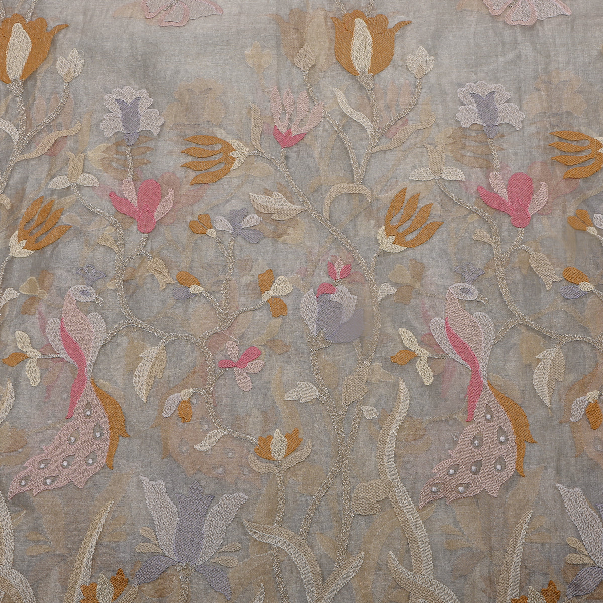 Grey Dual-Tone Floral Jaal Peacock Thread Work Tissue Fabric