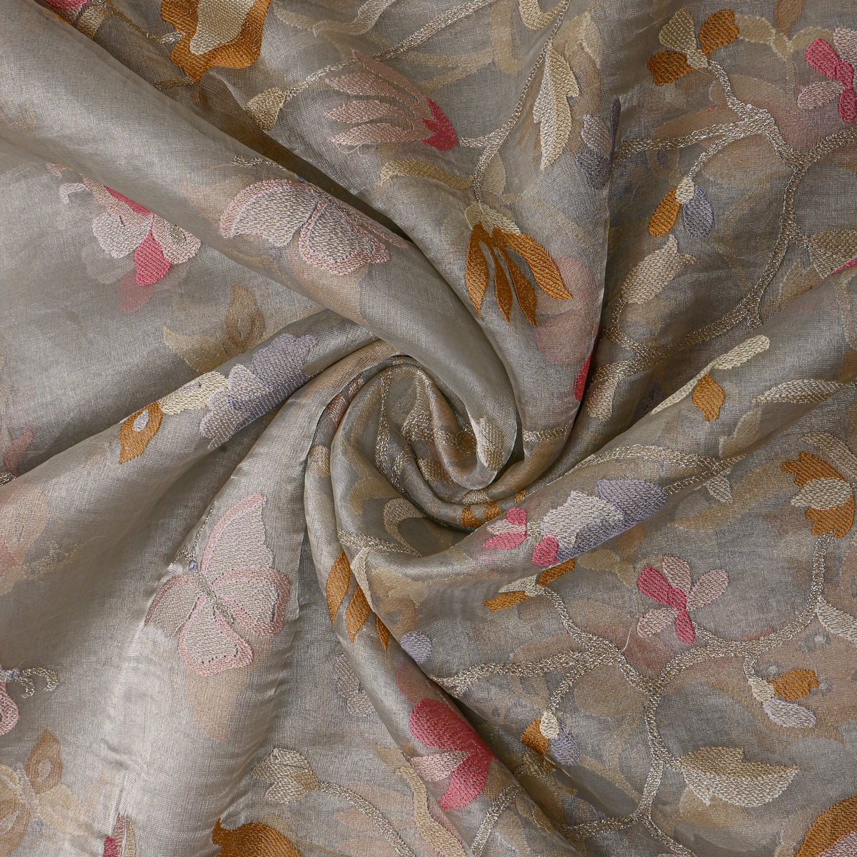 Grey Dual-Tone Floral Jaal Peacock Thread Work Tissue Fabric
