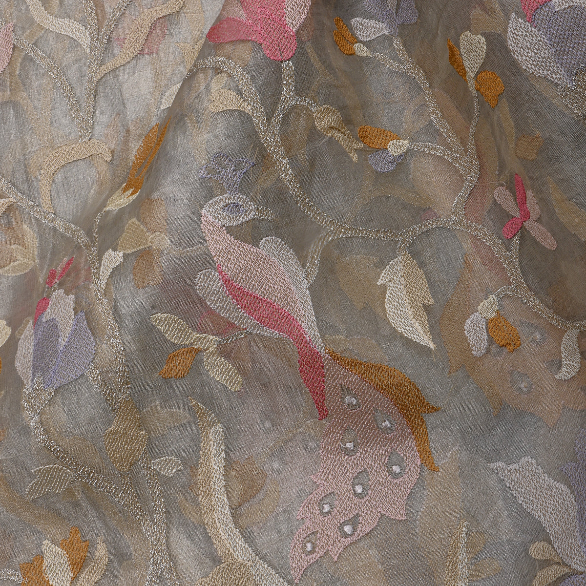 Grey Dual-Tone Floral Jaal Peacock Thread Work Tissue Fabric