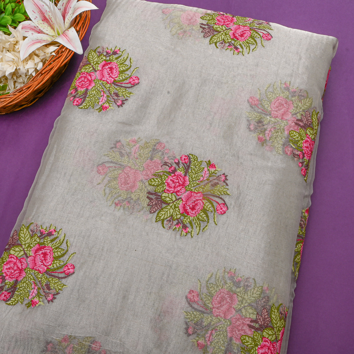 Grey Pink Rose Butti Thread Work Tissue Fabric