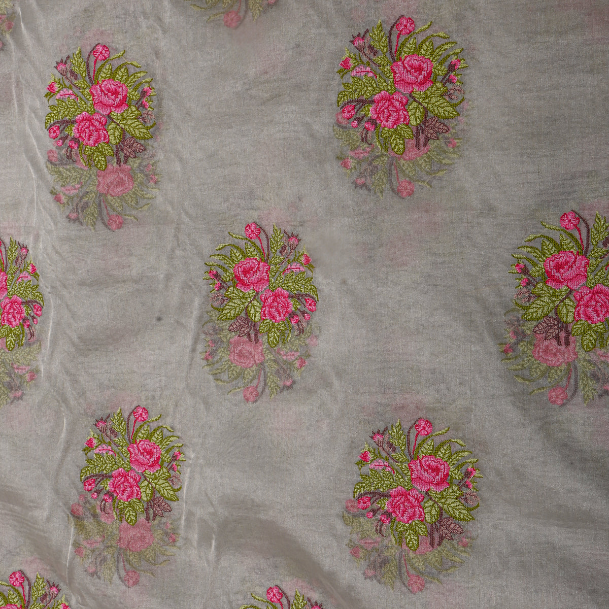 Grey Pink Rose Butti Thread Work Tissue Fabric