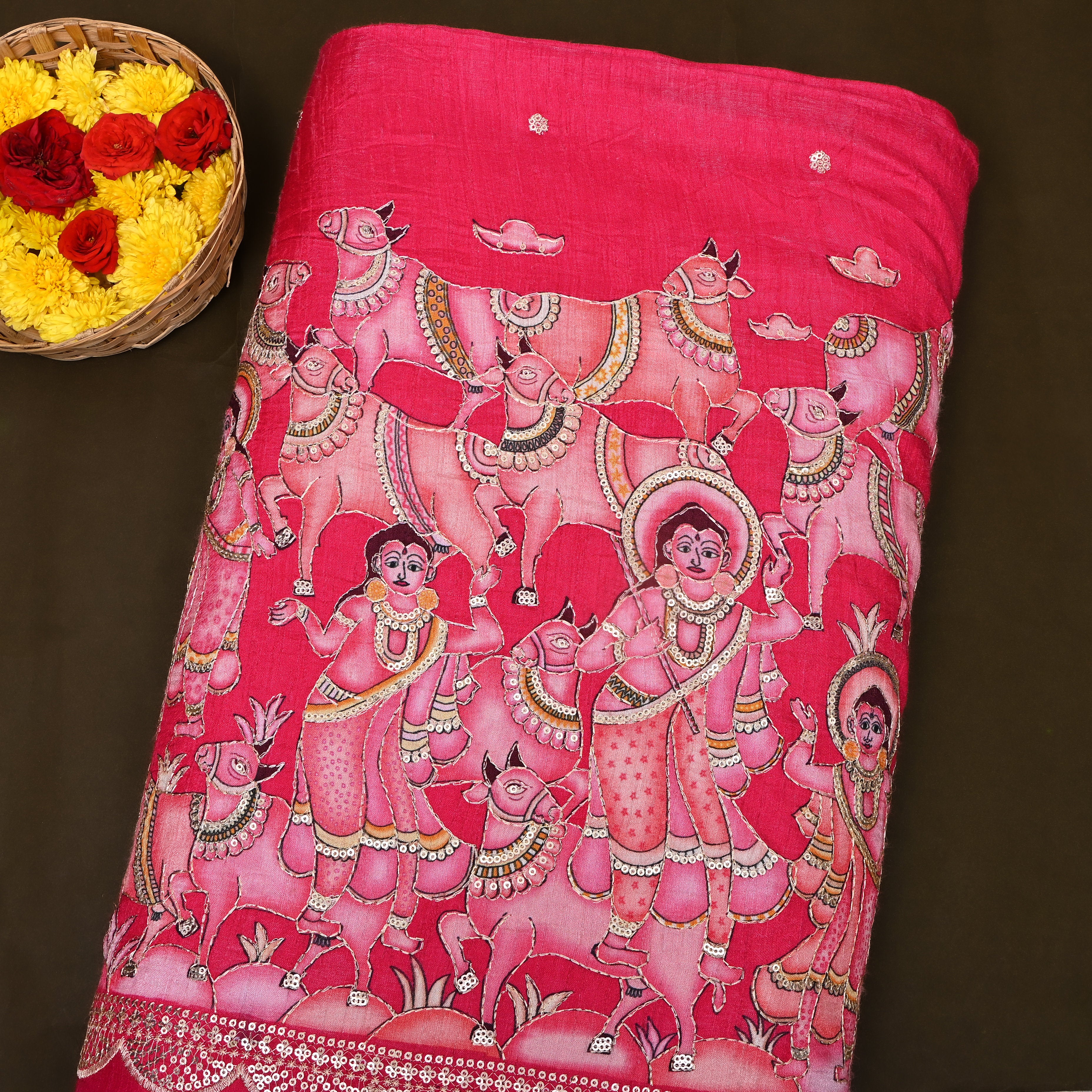 Rani Pink Pastoral Figures Sequin Embroidery Silk Fabric