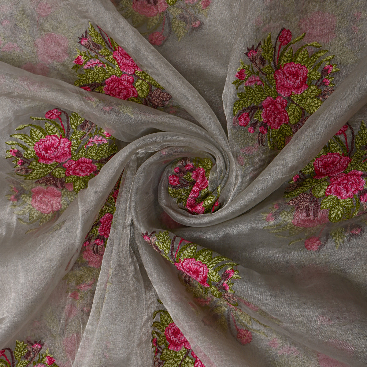 Grey Pink Rose Butti Thread Work Tissue Fabric