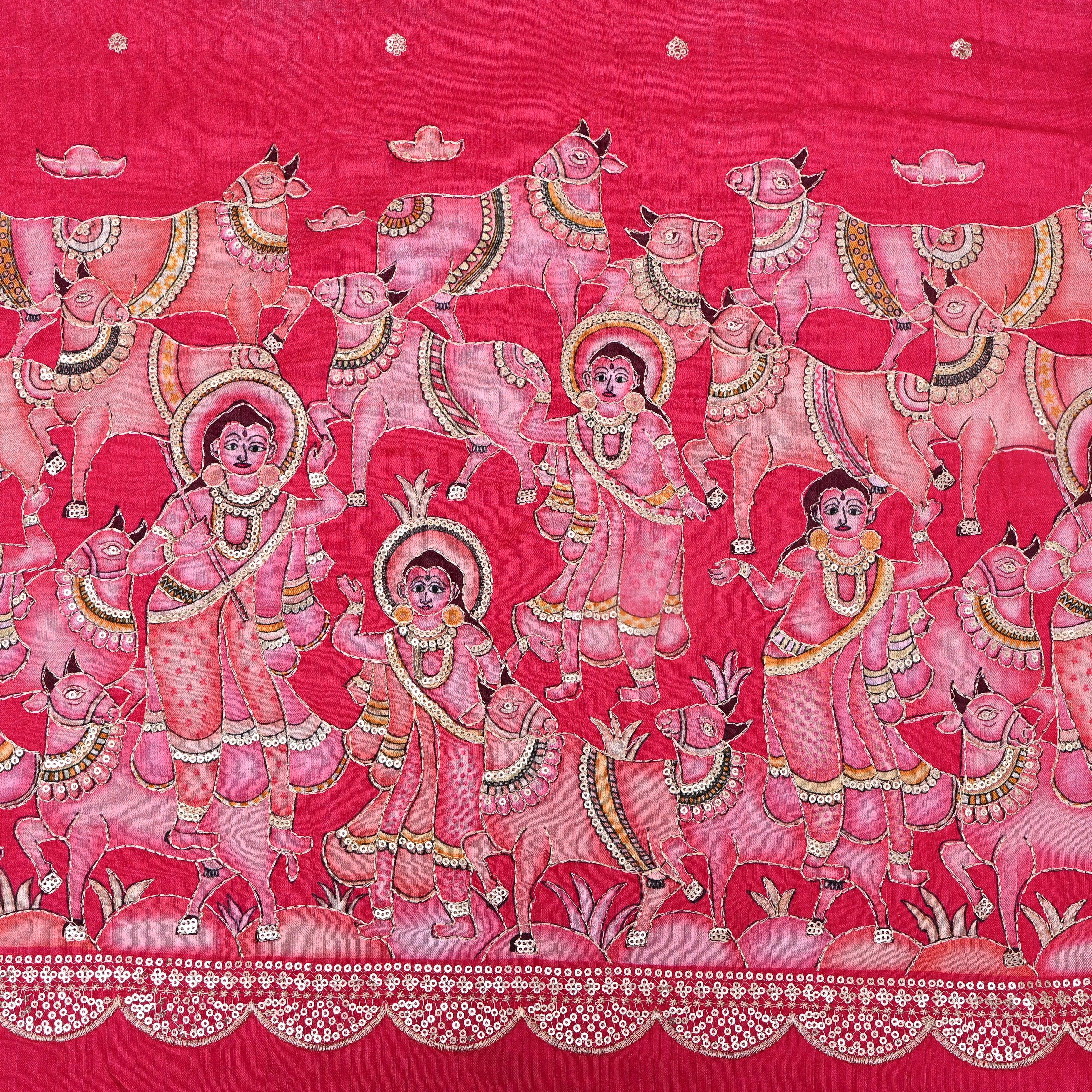 Rani Pink Pastoral Figures Sequin Embroidery Silk Fabric