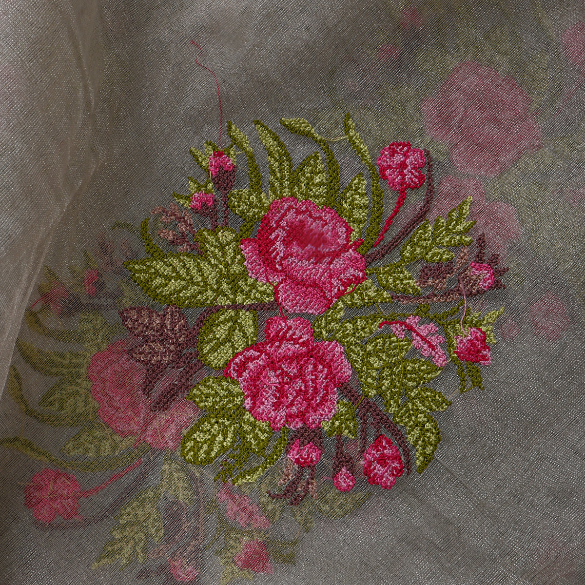 Grey Pink Rose Butti Thread Work Tissue Fabric