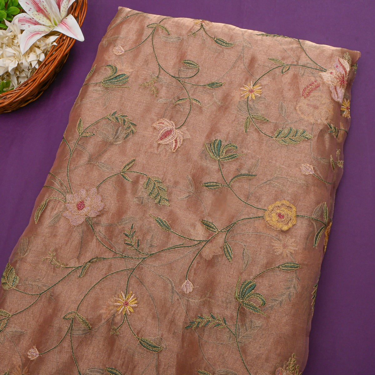 Pink Metallic Thread Jaal Embroidered Tissue