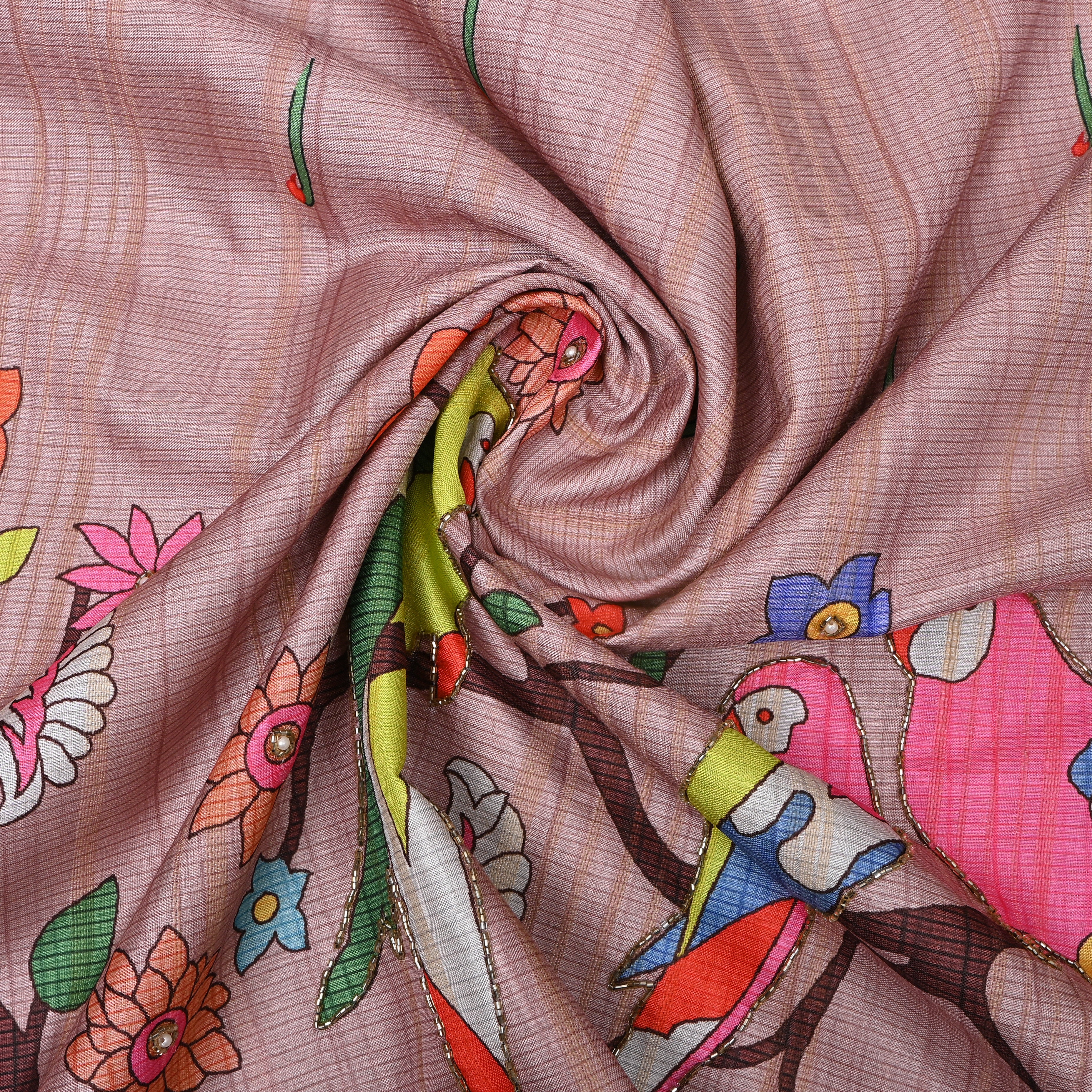 Dusty Rose Parrot Kalamkari Print Kota Embroidery Fabric