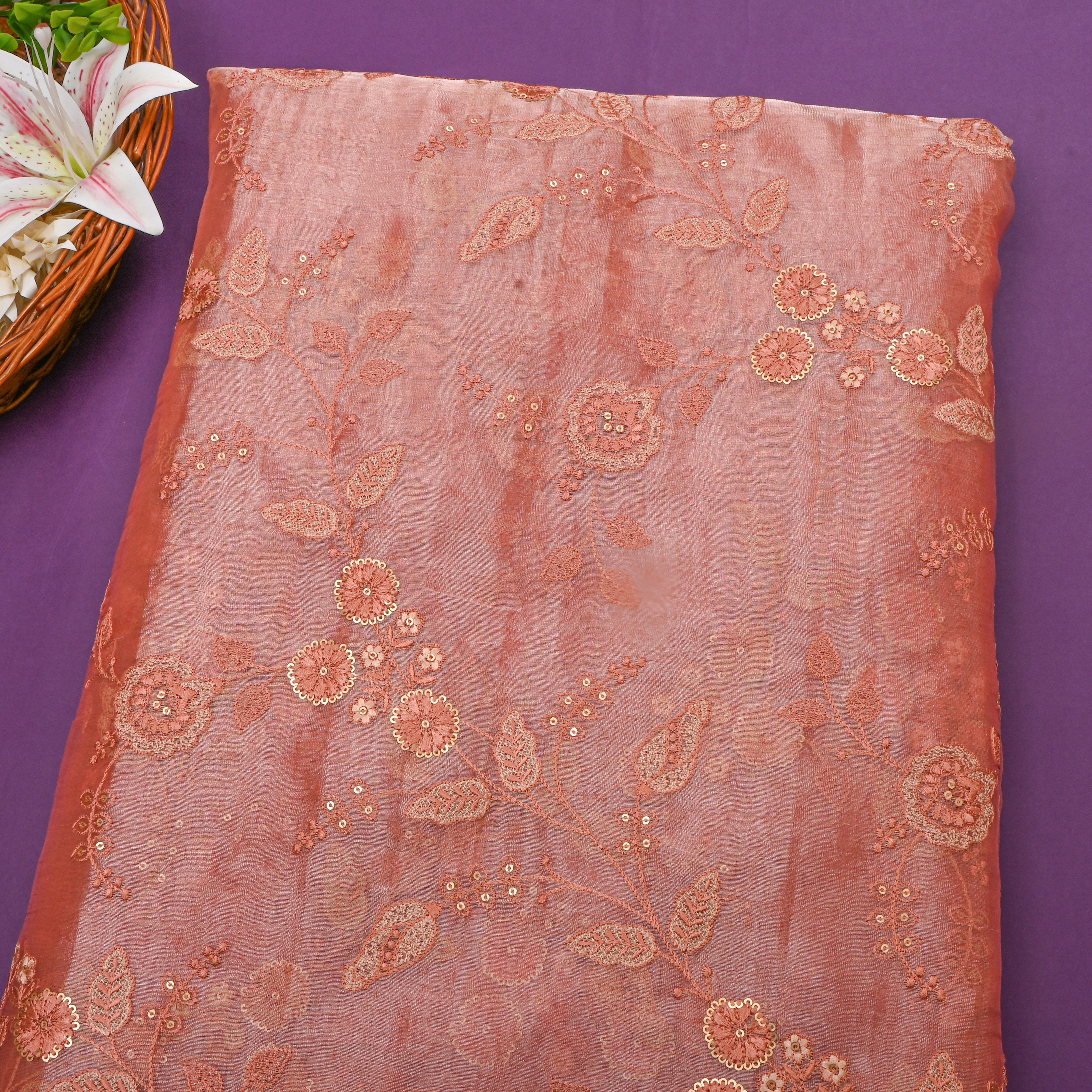 Coral Orange Embroidery Tissue Fabric