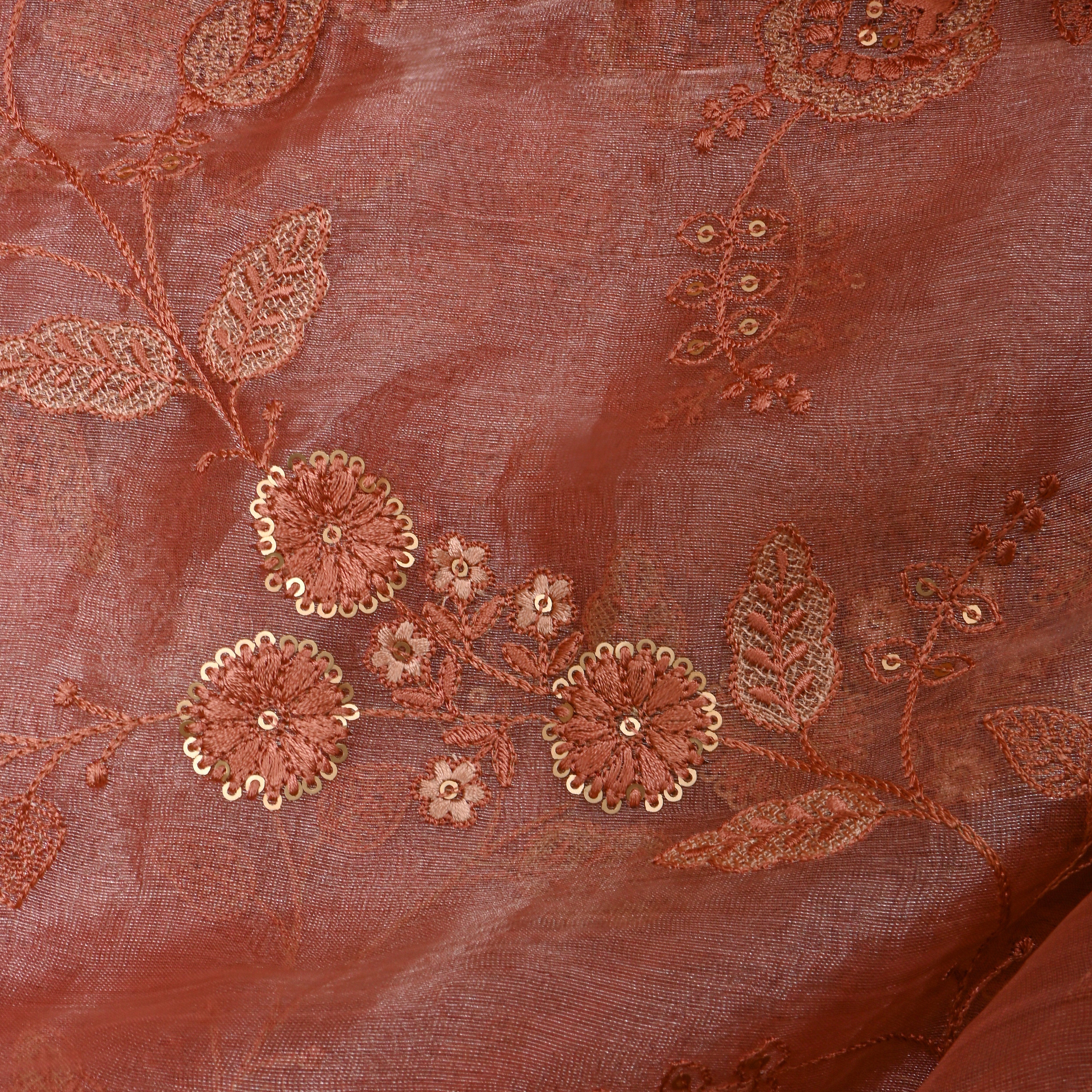 Coral Orange Embroidery Tissue Fabric