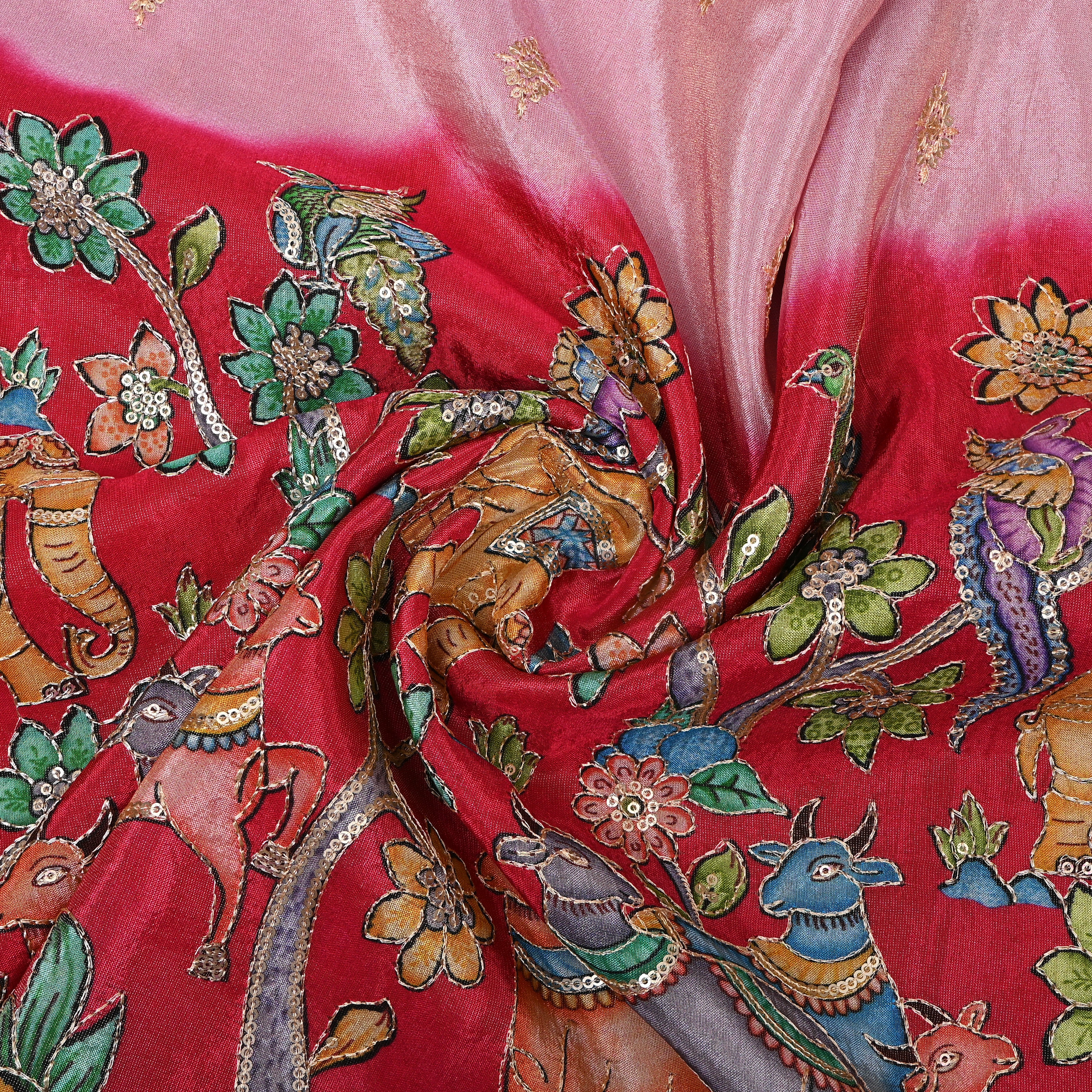 Pink Ombre Animal Floral Sequin Embroidery Organza Tissue Fabric