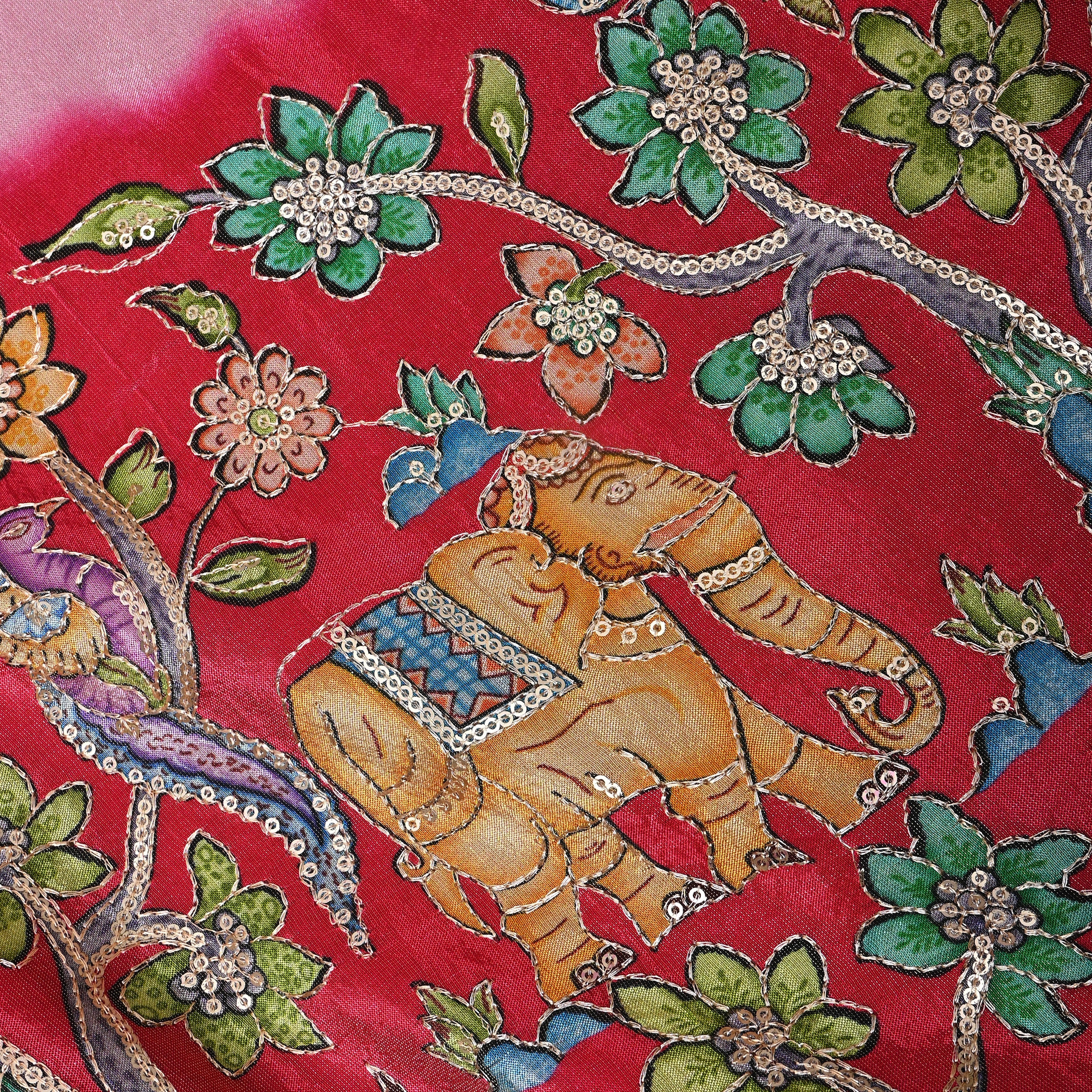 Pink Ombre Animal Floral Sequin Embroidery Organza Tissue Fabric