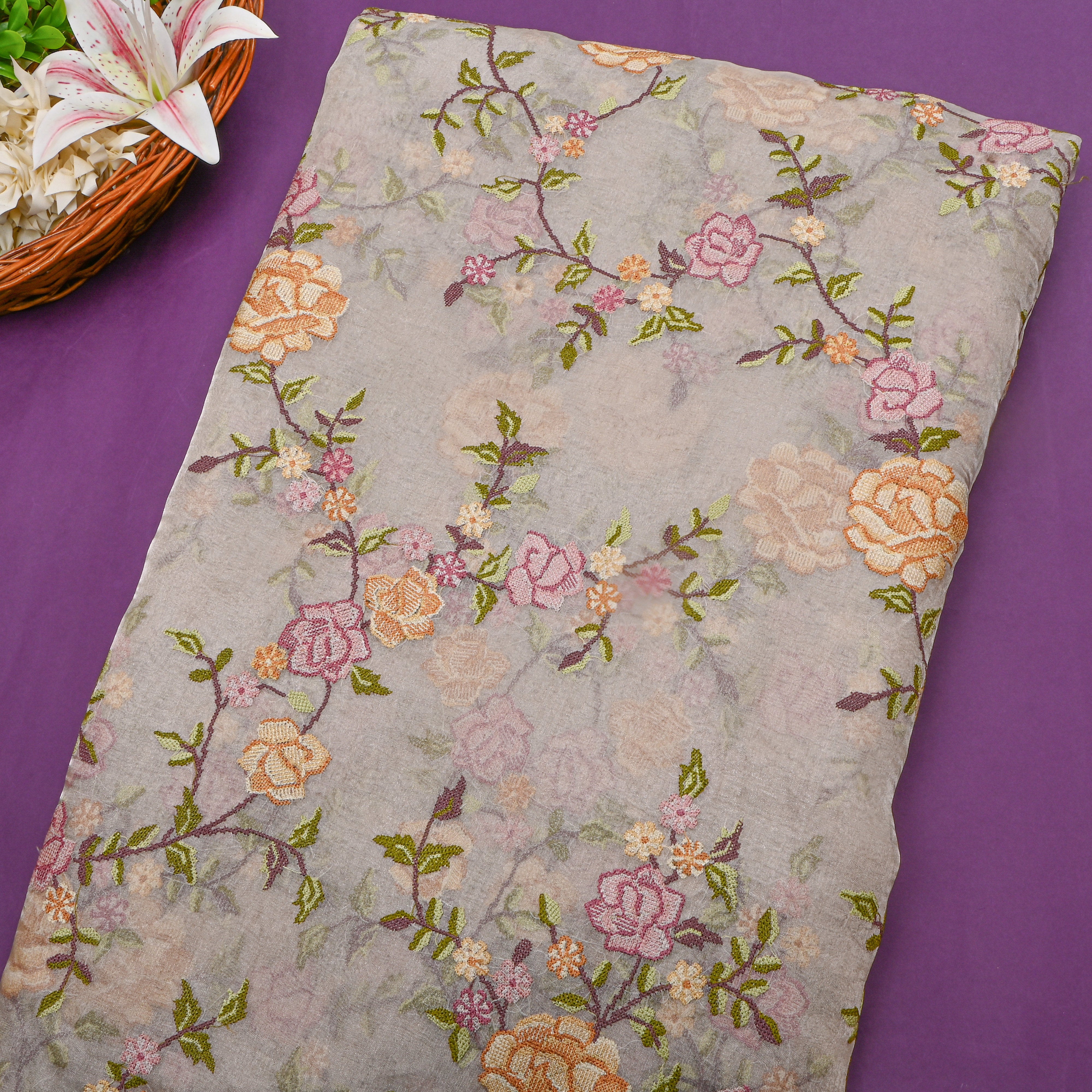 Beige Tissue Fabric With Rose Jaal Thread Work